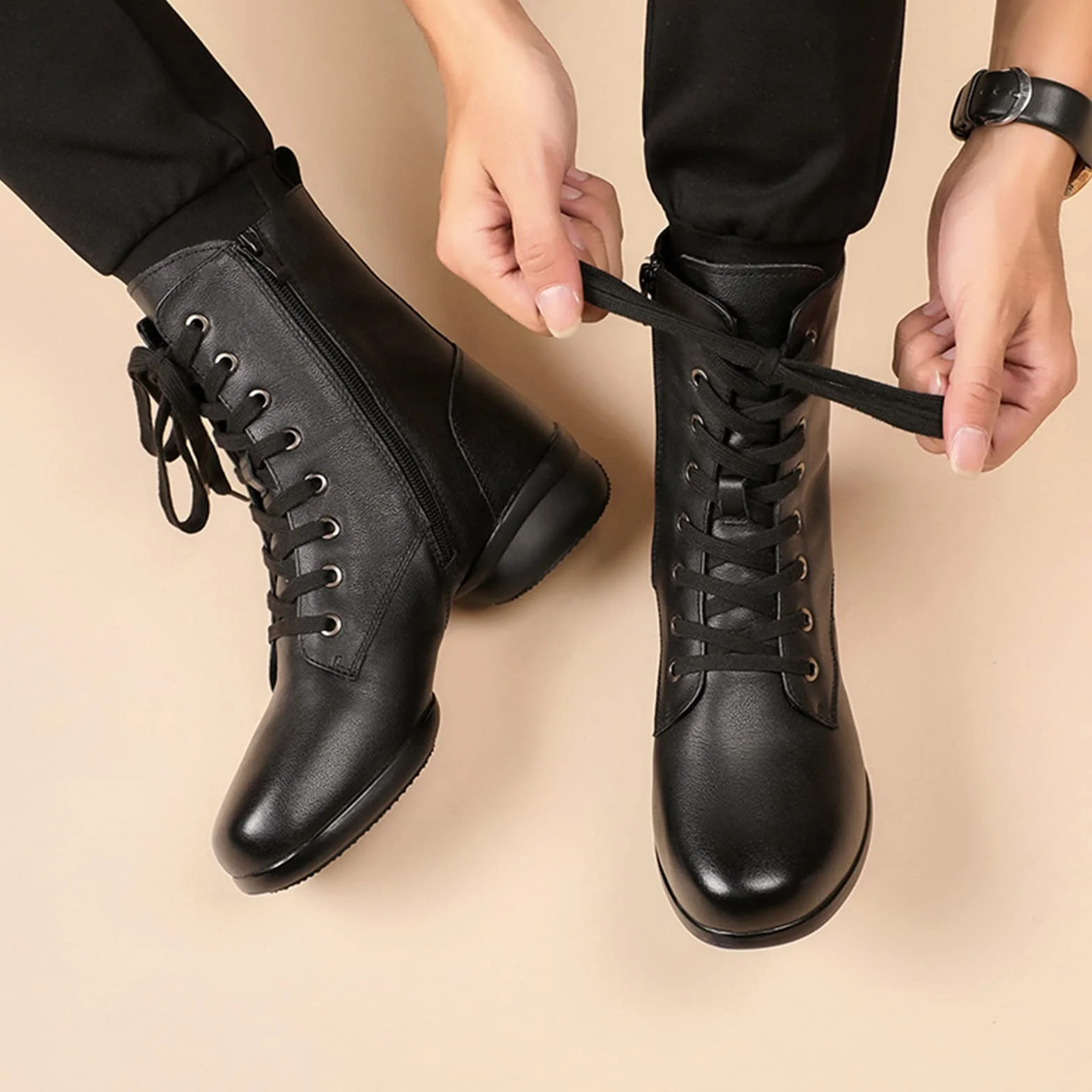Botas de Baile Latino Moderno para Hombres con Suela Dividida Cuero Cremallera Lateral Tacón Bajo