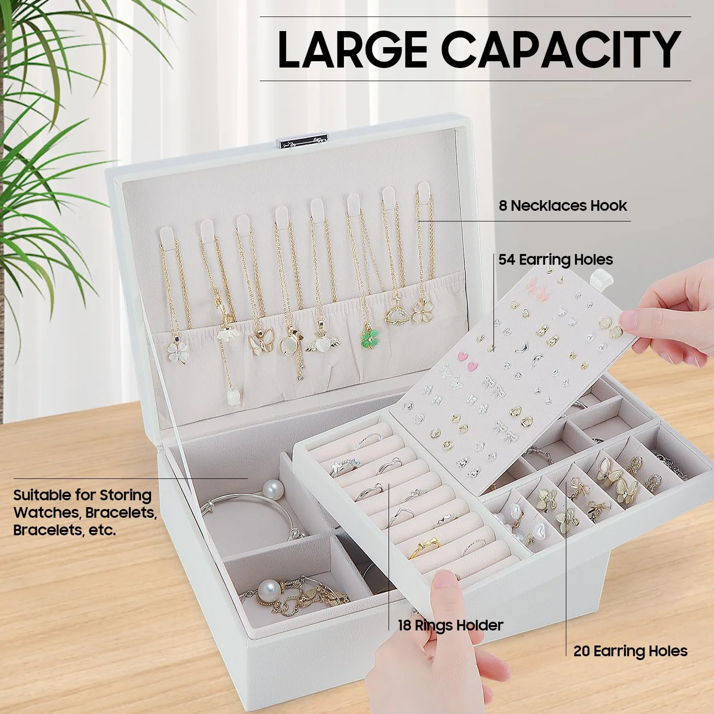 TEIVUL Joyero de piel sintética de 2 capas con llaves y paño de limpieza para anillos aretes collares