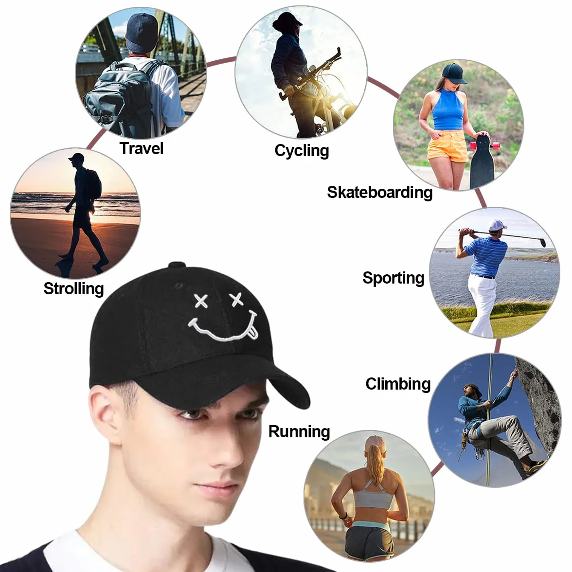 Gorra de béisbol para Hombre Unisex Algodón Ajustable de 6 Paneles 3D Carta Smiling Bordado
