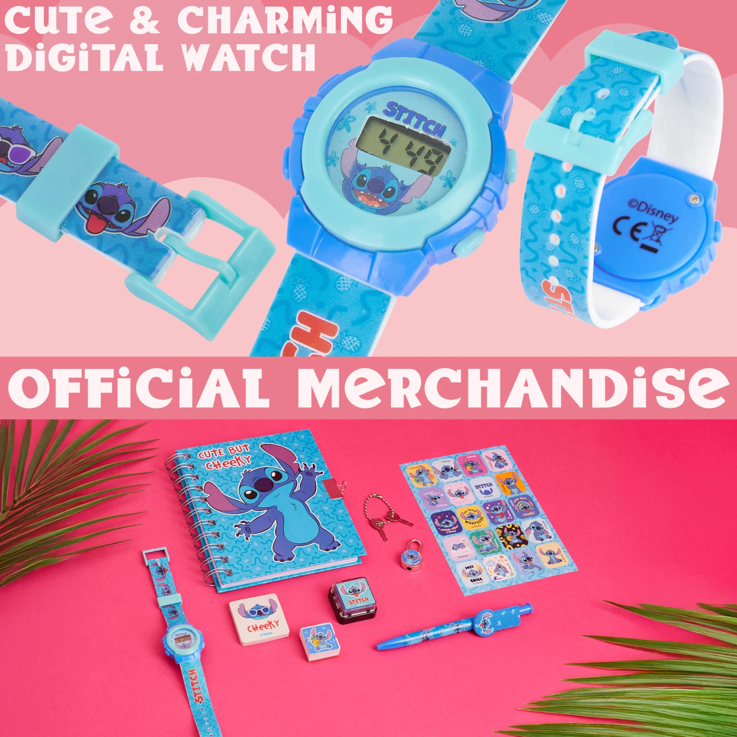 Disney Stitch Set de Regalo con Reloj Digital, Diario con Candado y Boligrafo