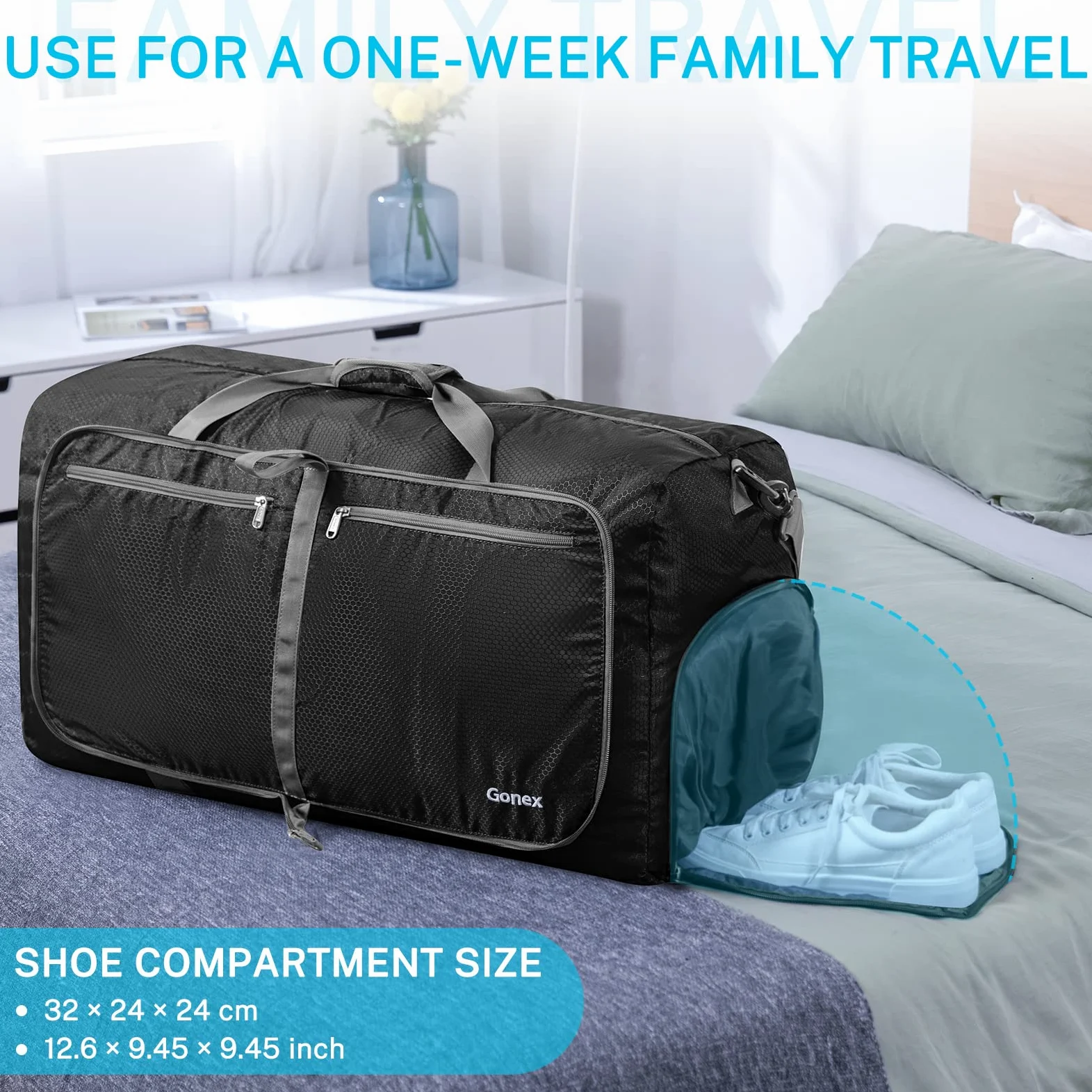 Bolsa de viaje Gonex ligera, plegable 60L / 80L / 100L, bolsas Duffel, bolsas para el fin de semana/bolsa de deporte para viajes, deportes, gimnasio, vacaciones, color gris, tamaño 80L | 210D - Cinta de nailon de nido de abeja, impermeable, varios compart
