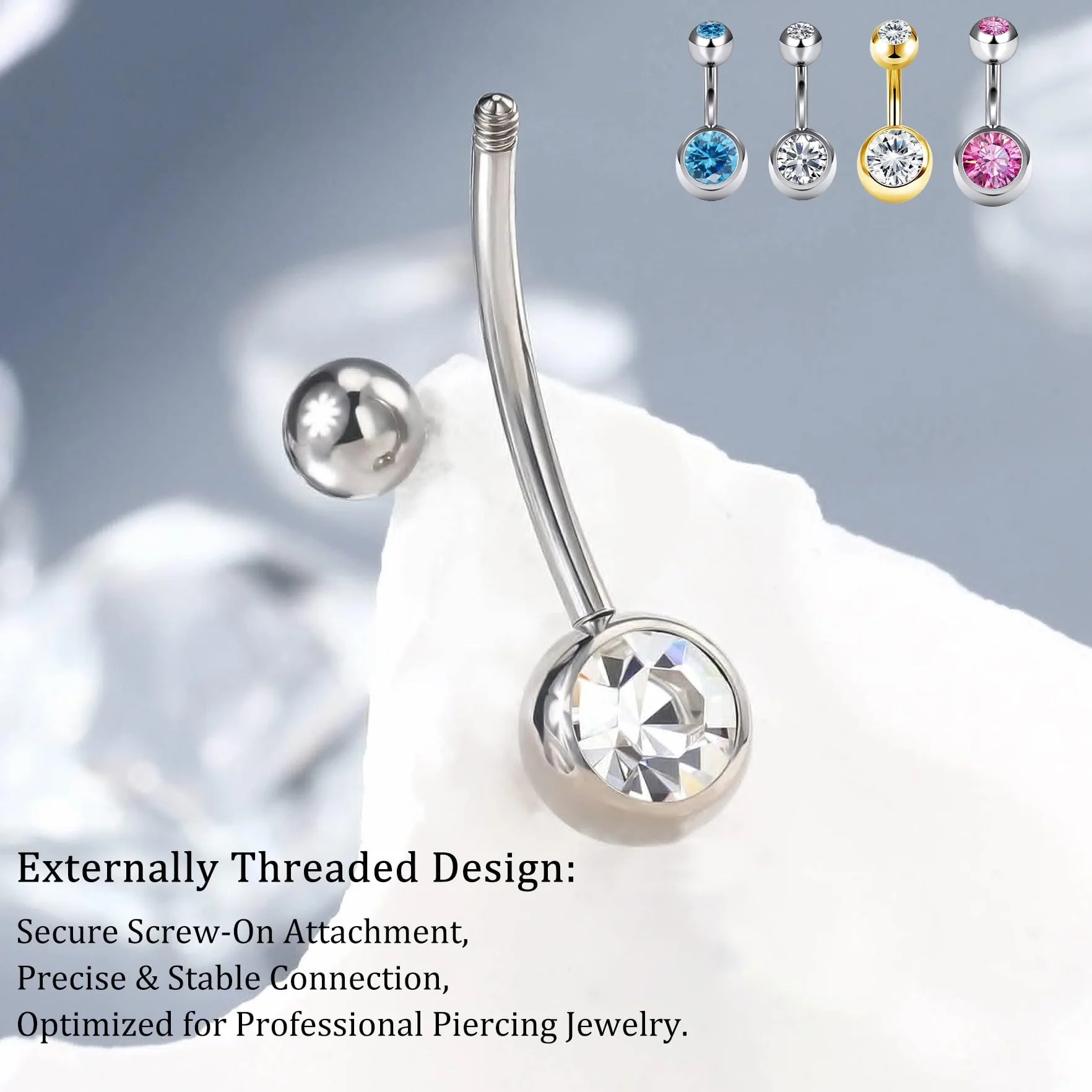 AceFun 2 piezas piercing ombligo acero quirúrgico 6mm-16mm oro plata con fundas silicona antideslizantes CZ rosca exterior