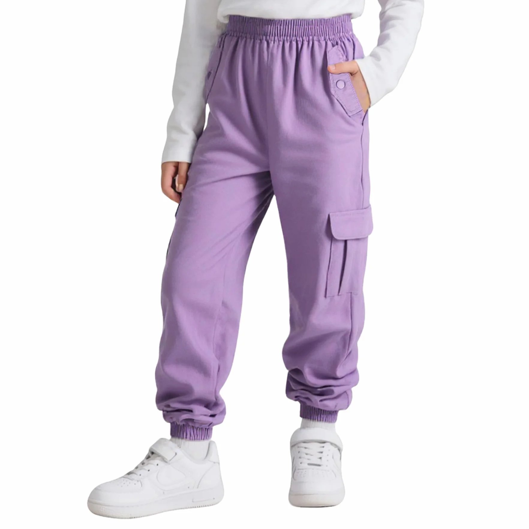 Pantalones Cargo Niñas Algodón Cintura Elástica Múltiples Bolsillos Joggers 6-13 Años
