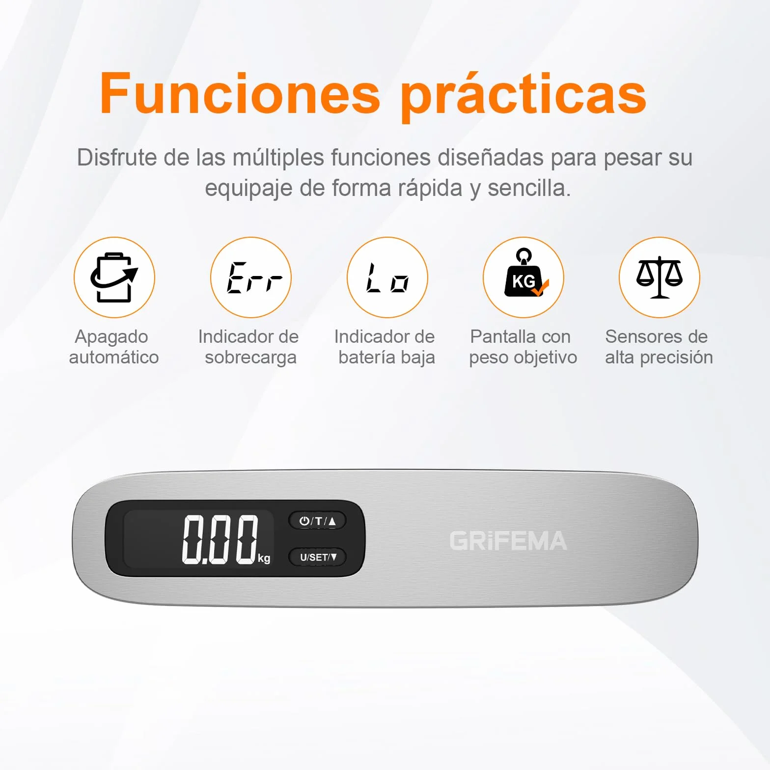 GRIFEMA GA2006 Báscula Maletas Viaje Portátil, Báscula de Equipaje con Pantalla LCD, 110 lb/50 kg, Plata