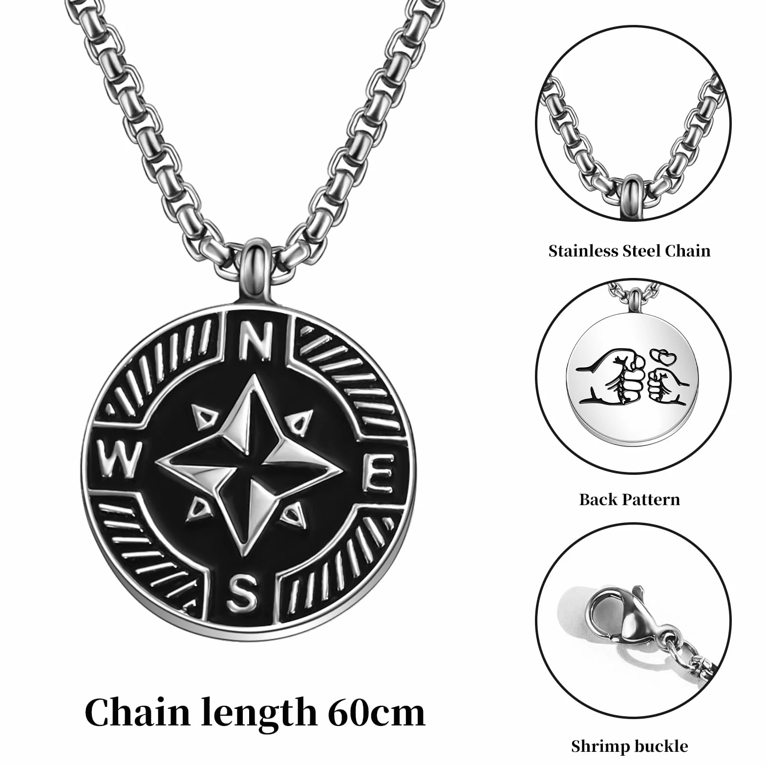 YELUWA Collar de acero inoxidable forjado con brújula para hombre, negro y plata