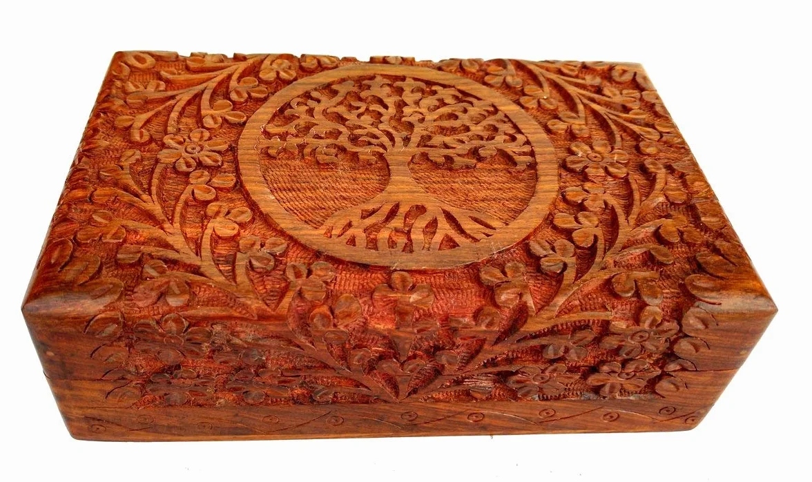 Cofre del Tesoro Decorativo de Madera Tallada a mano con Patrón de árbol de la Vida, Almacenamiento de Joyas, Caja de Reloj, 8 x 5 pulgadas