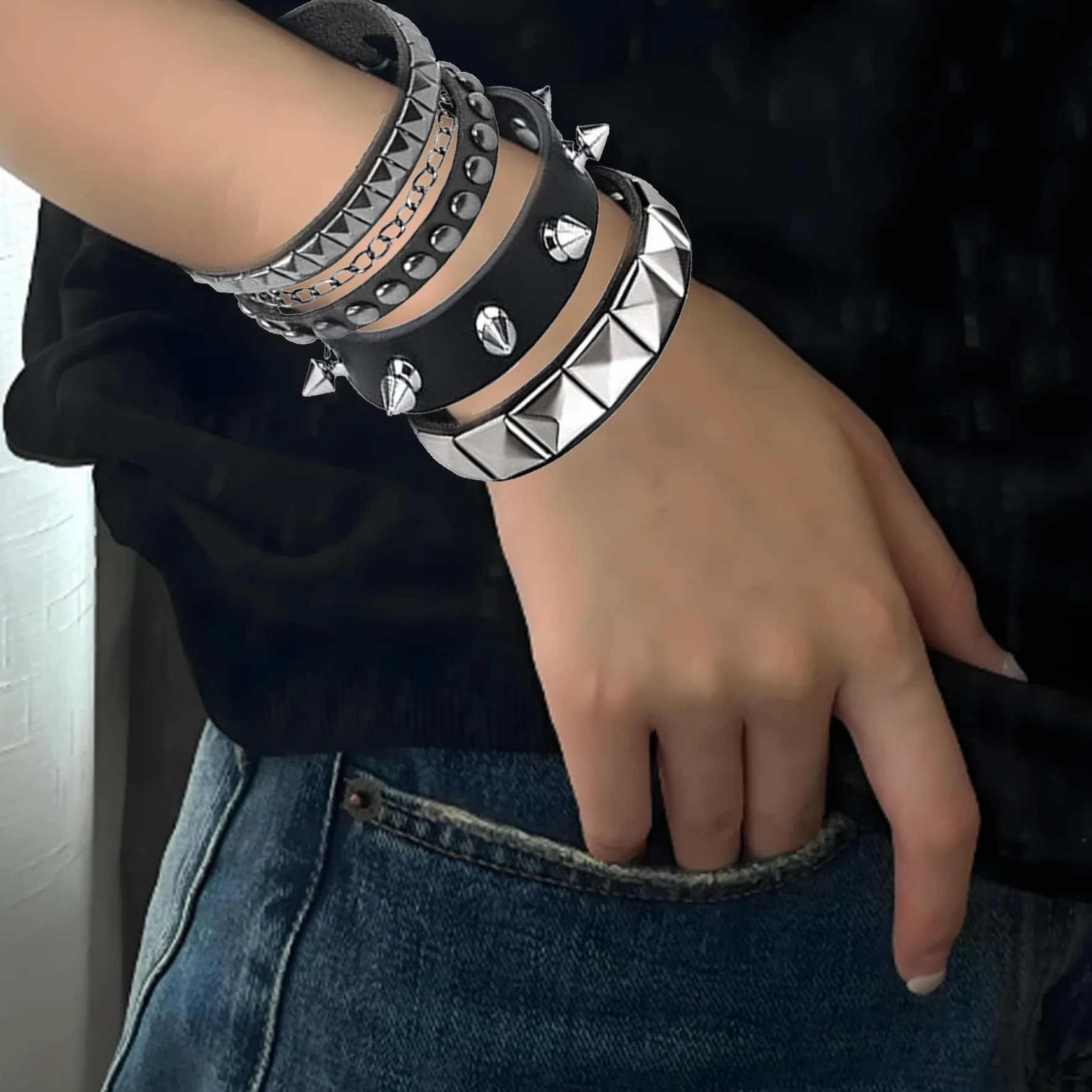 Pulsera de Cuero Punk Ajustable Gótica para Niños Niñas Accesorios Rock Negro