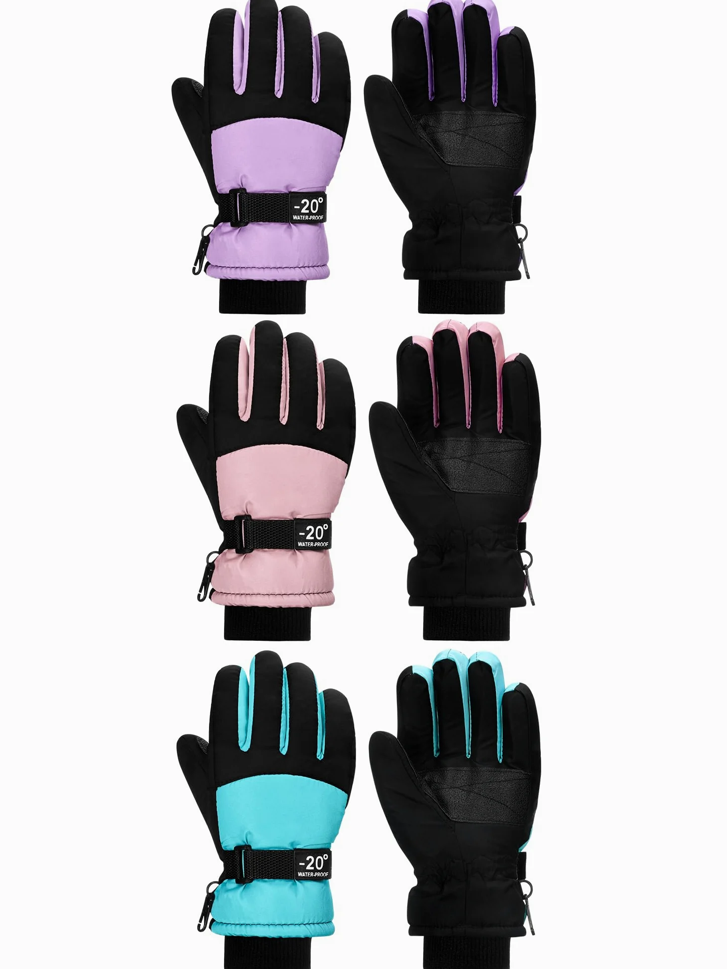 Bencailor 3 pares de guantes de invierno para niños, impermeables, para nieve, esquí, cálidos, resistentes al viento, guantes ajustables para niños y niñas al aire libre