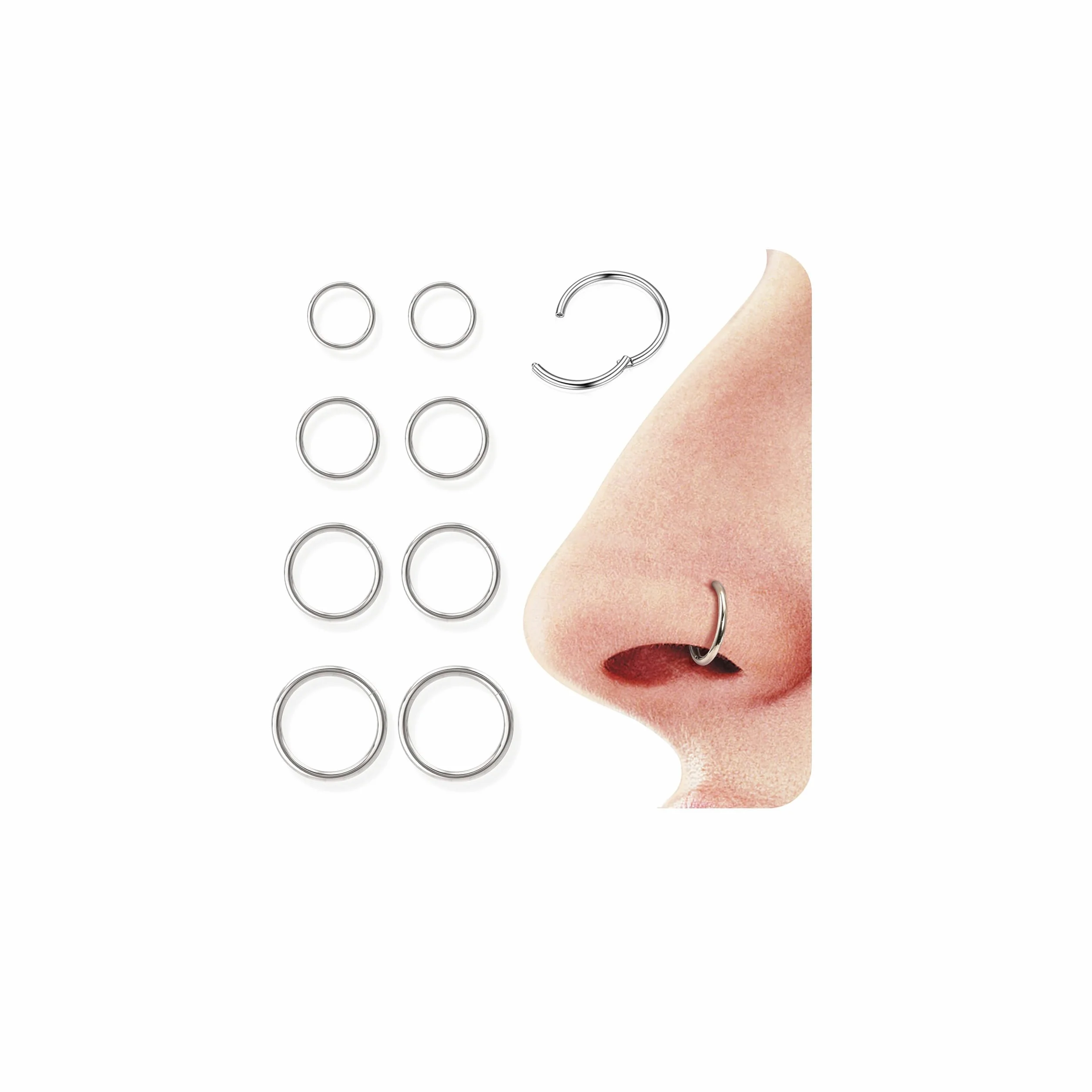 Diamday 8pcs Clicker Piercing Nariz 16G/18G 316L Acero Quirúrgico 6mm 8mm 10mm 12mm