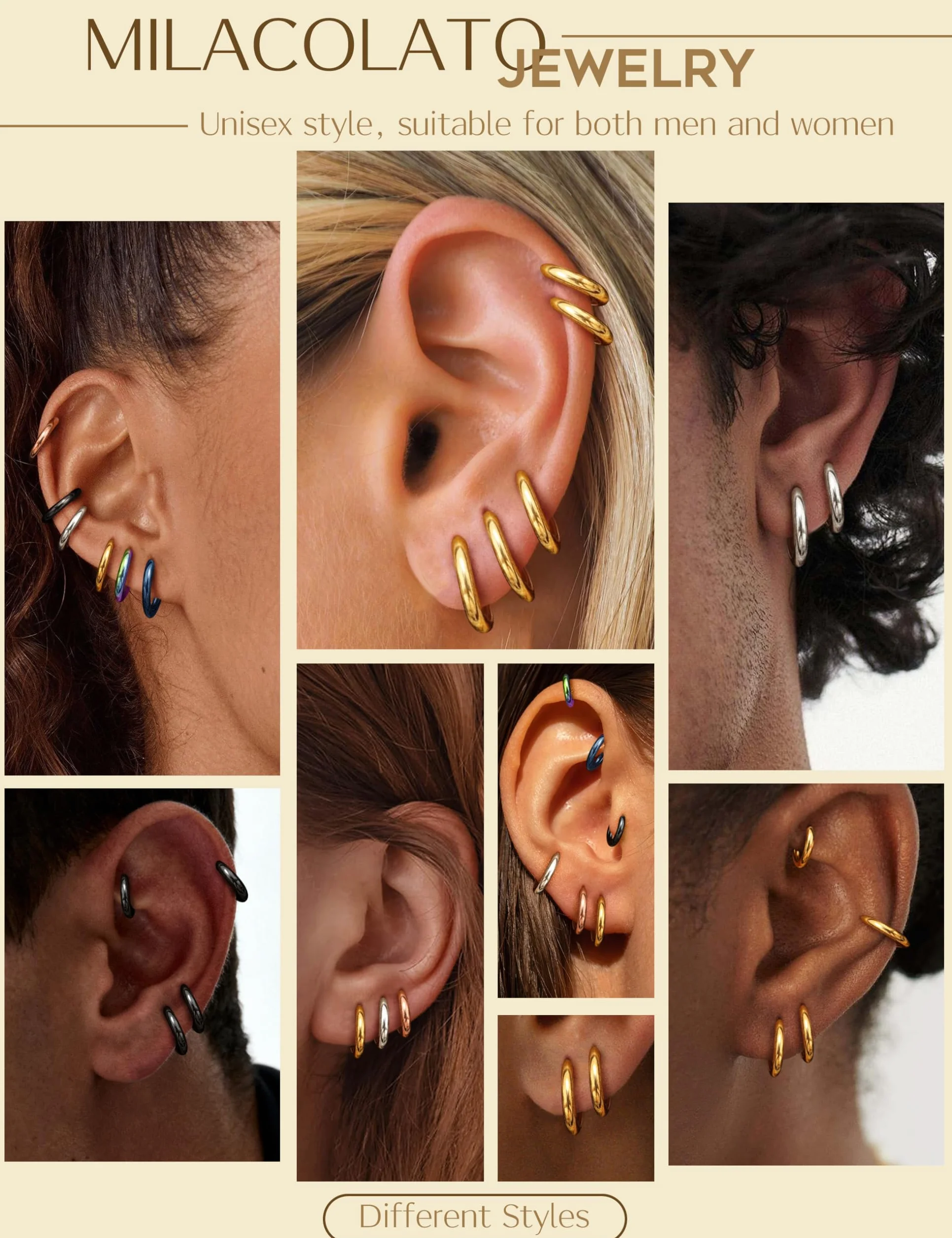 MILACOLATO Pendientes Aro Pequeños Acero Quirúrgico Huggie Cartílago Lóbulos Anillo Nariz Labio Daith Helix Piercing Joyas Hinged 6-10mm