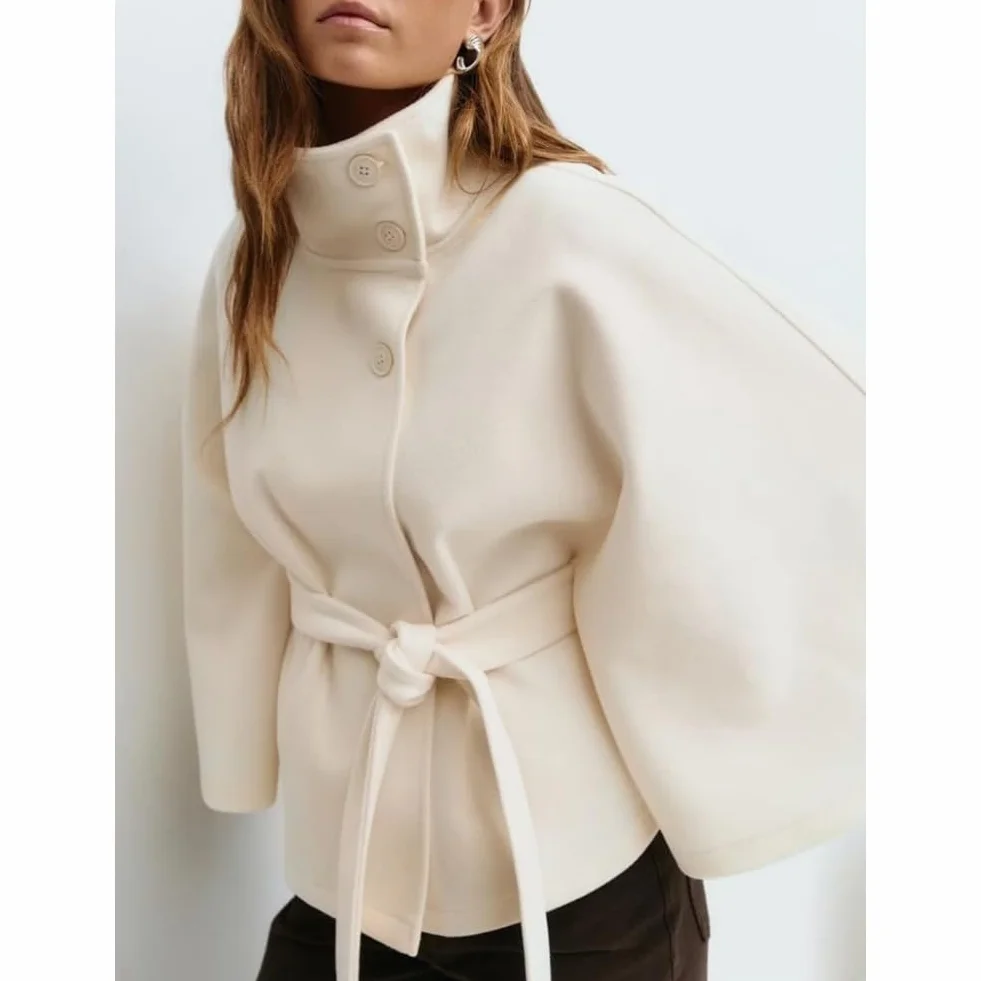 Poncho de manga murciélago para mujer abrigo corto invierno cuello alto cinturón