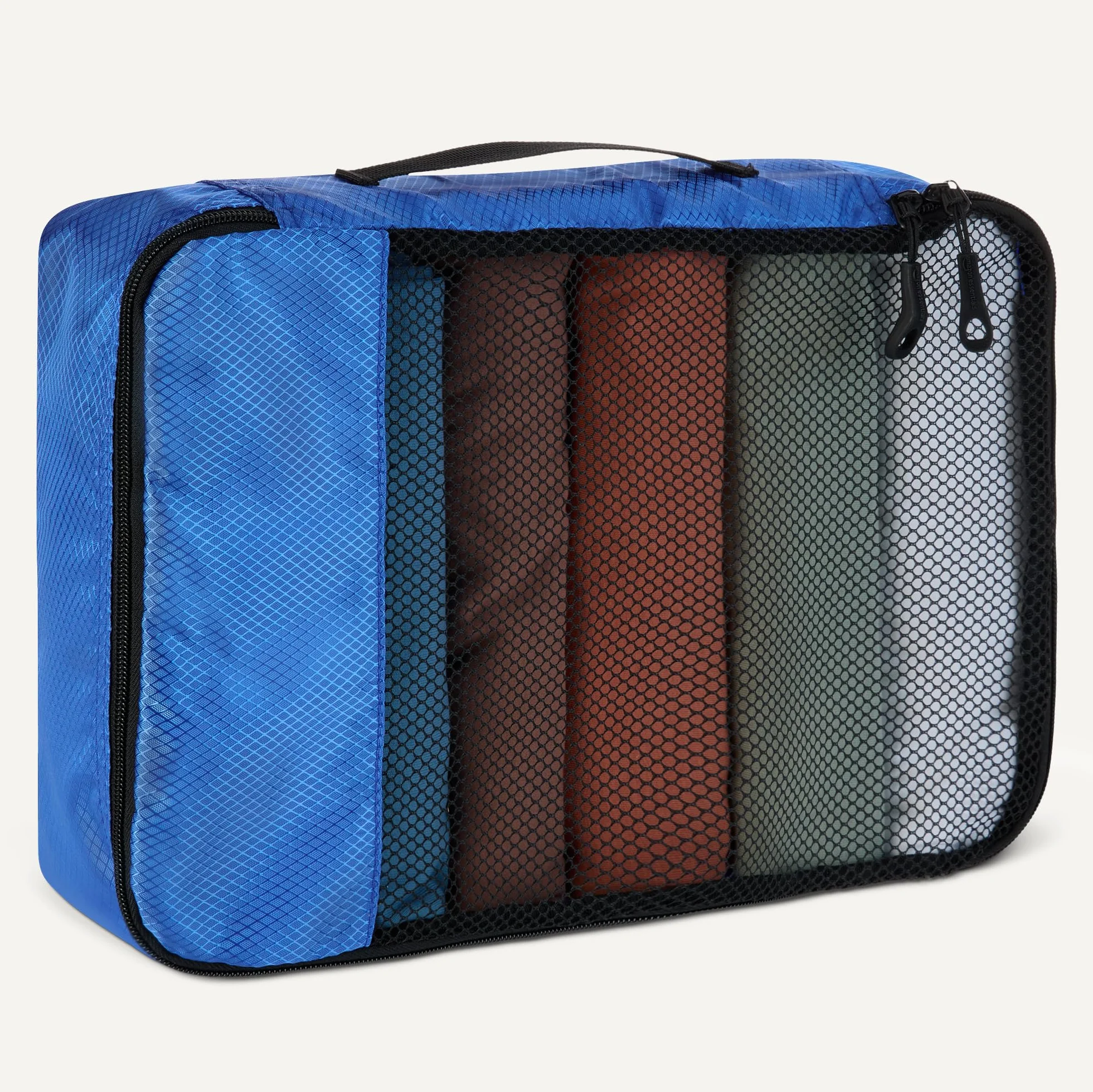 Amazon Essentials Juego de 4 Cubos para Viaje, Organizador de Equipaje con Doble Cremallera, Poliéster, 2 Mediano/2 Grande, Azul