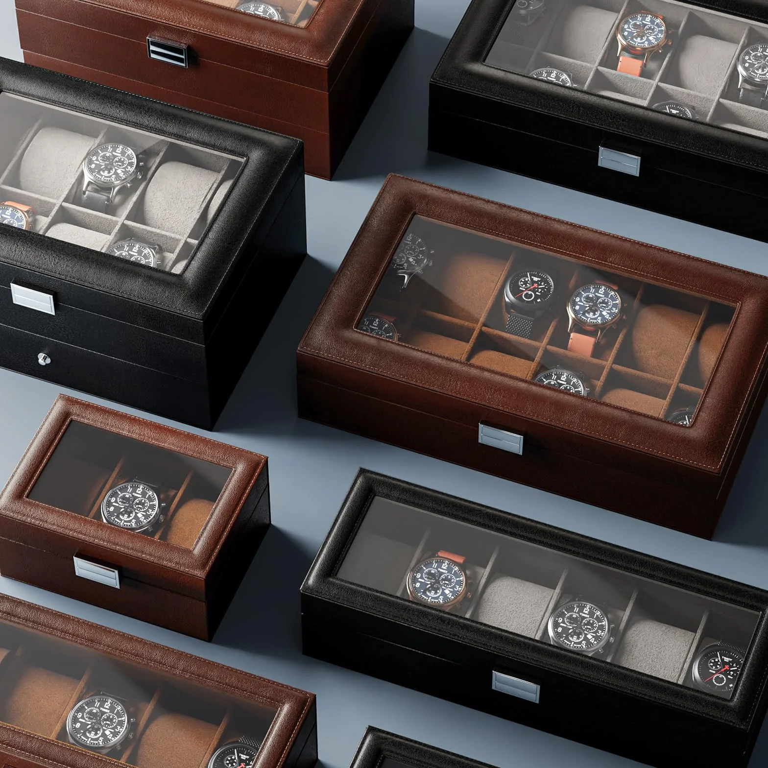 ProCase Caja de Relojes 3 Compartimentos Tapa de Cristal Cojín Extraíble Organizador Negro