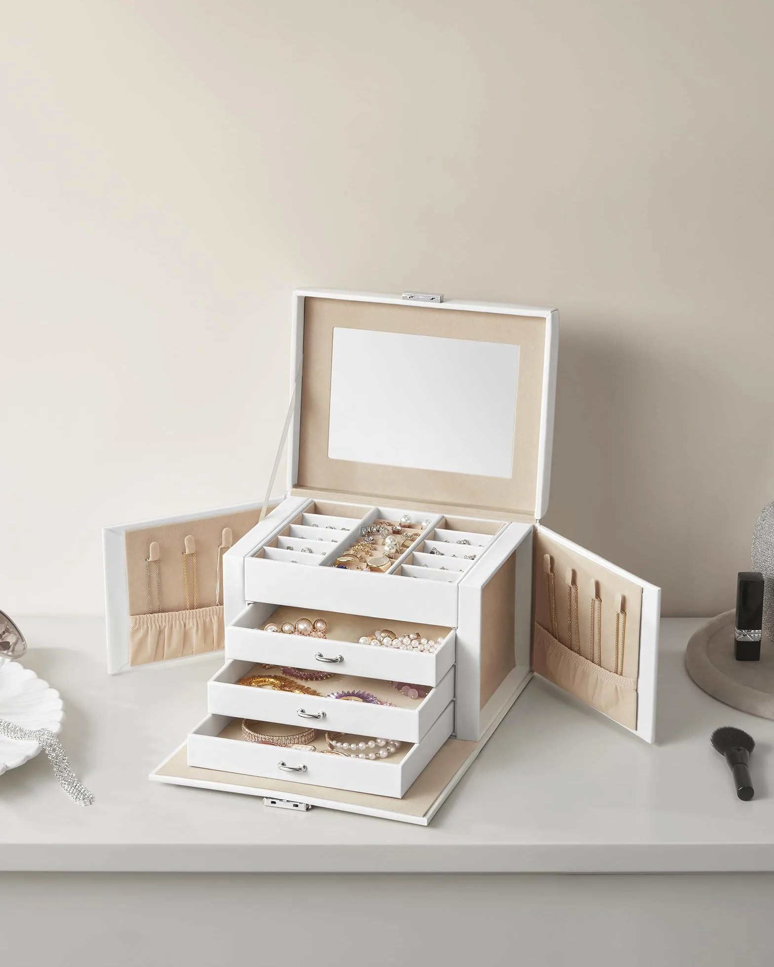 SONGMICS Caja Joyero de 4 Niveles con Asa, 3 Cajones, Espejo, Cerradura, Blanco Nube y Beige Arena JBC159W01