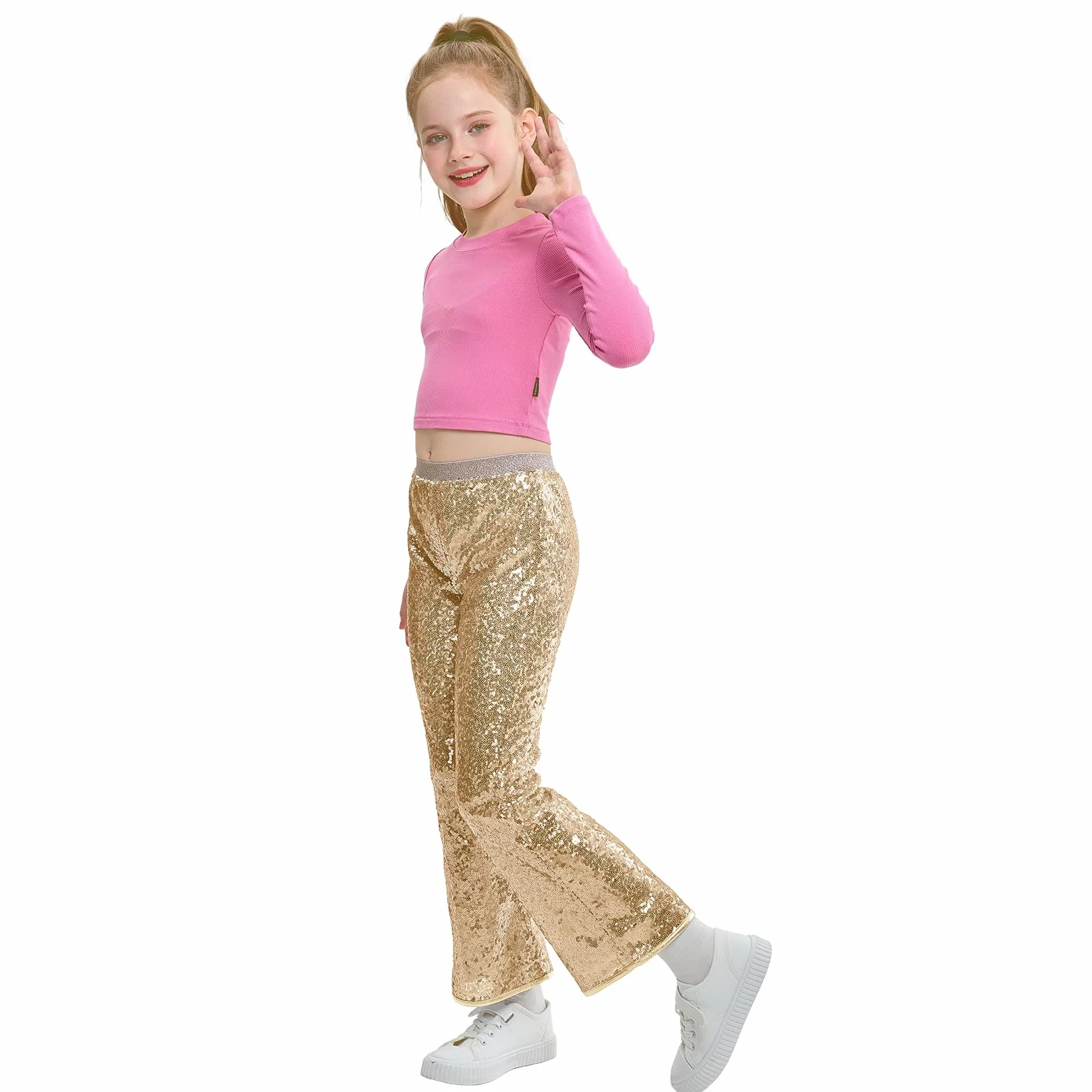 Pantalones de Lentejuelas para Niña, Acampanados Disco Brillantes, Ropa de Fiesta Hip Hop