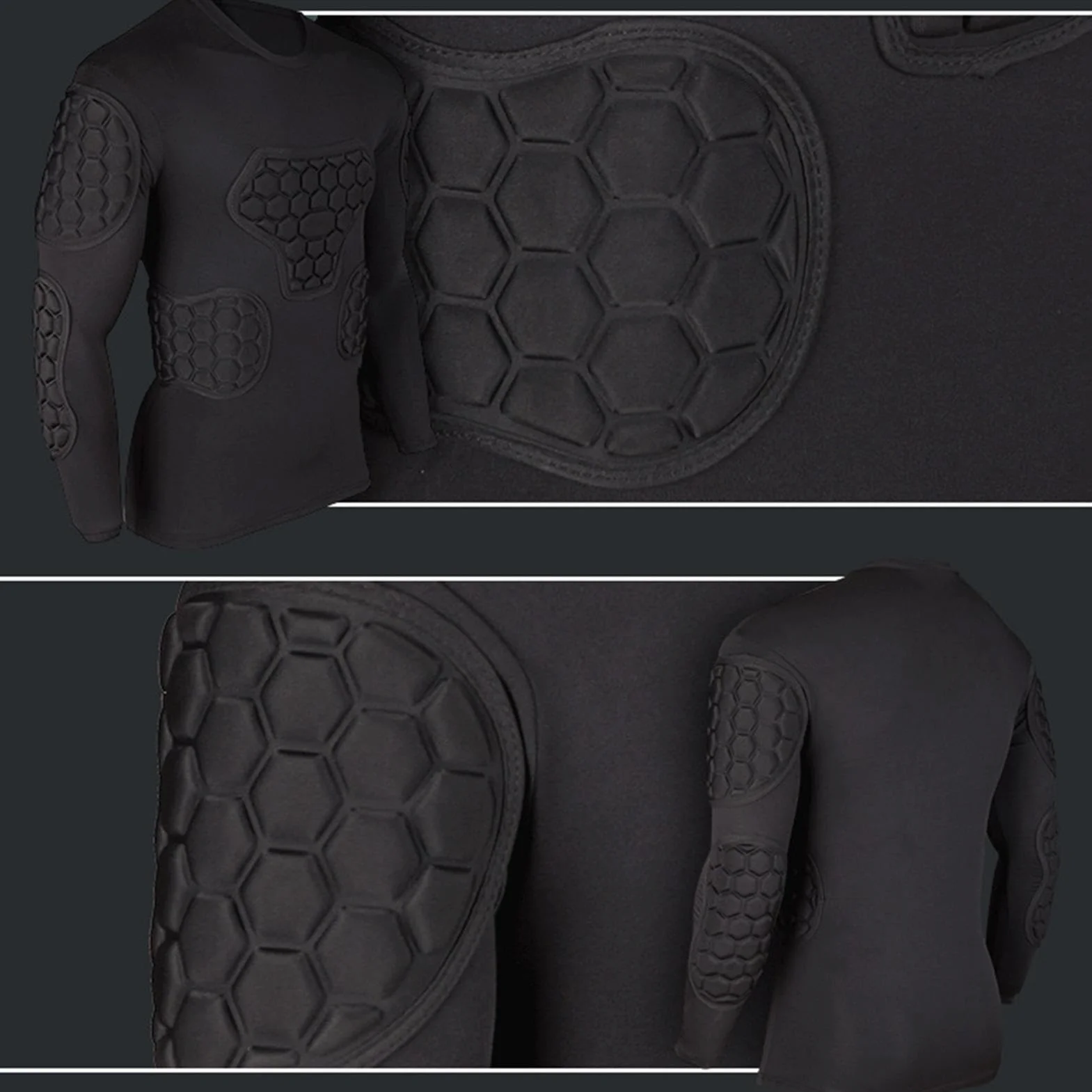 Camiseta de compresión acolchada de fútbol manga larga negra para portero juvenil paintball béisbol