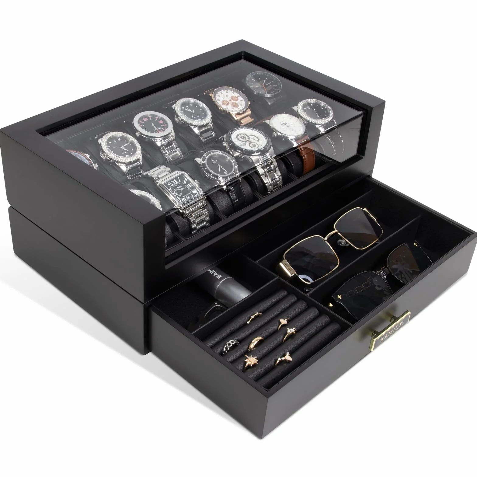 Caja de reloj de madera 12 ranuras con cajón, exhibición con tapa de cristal, soporte 2 capas para almacenamiento de joyas