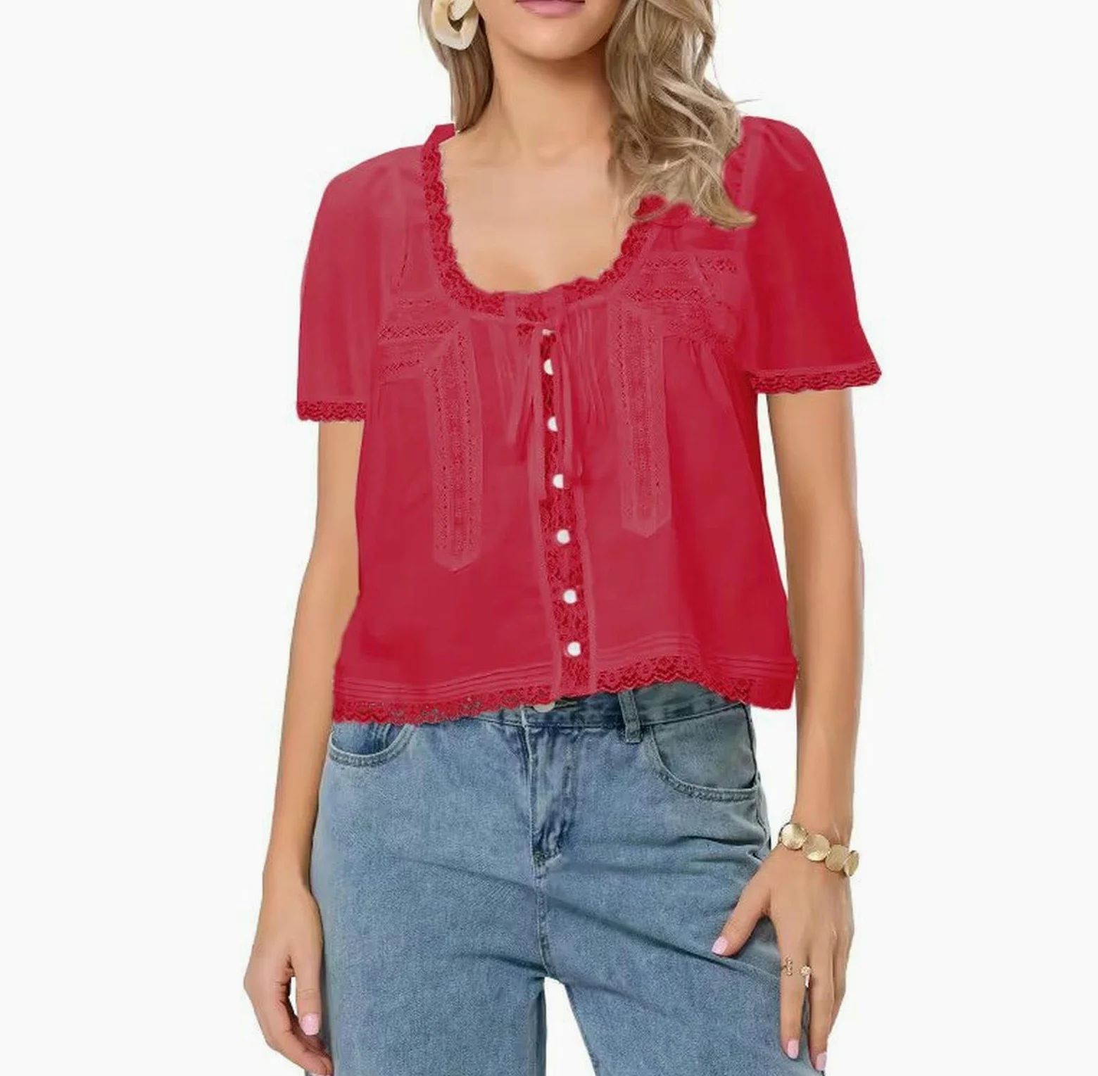 Camisetas para Mujer Diseño Hueco Tridimensional, Algodón Orgánico De Alta Densidad, Borde Encaje, Blusa Ligera con Corbata -Red-s