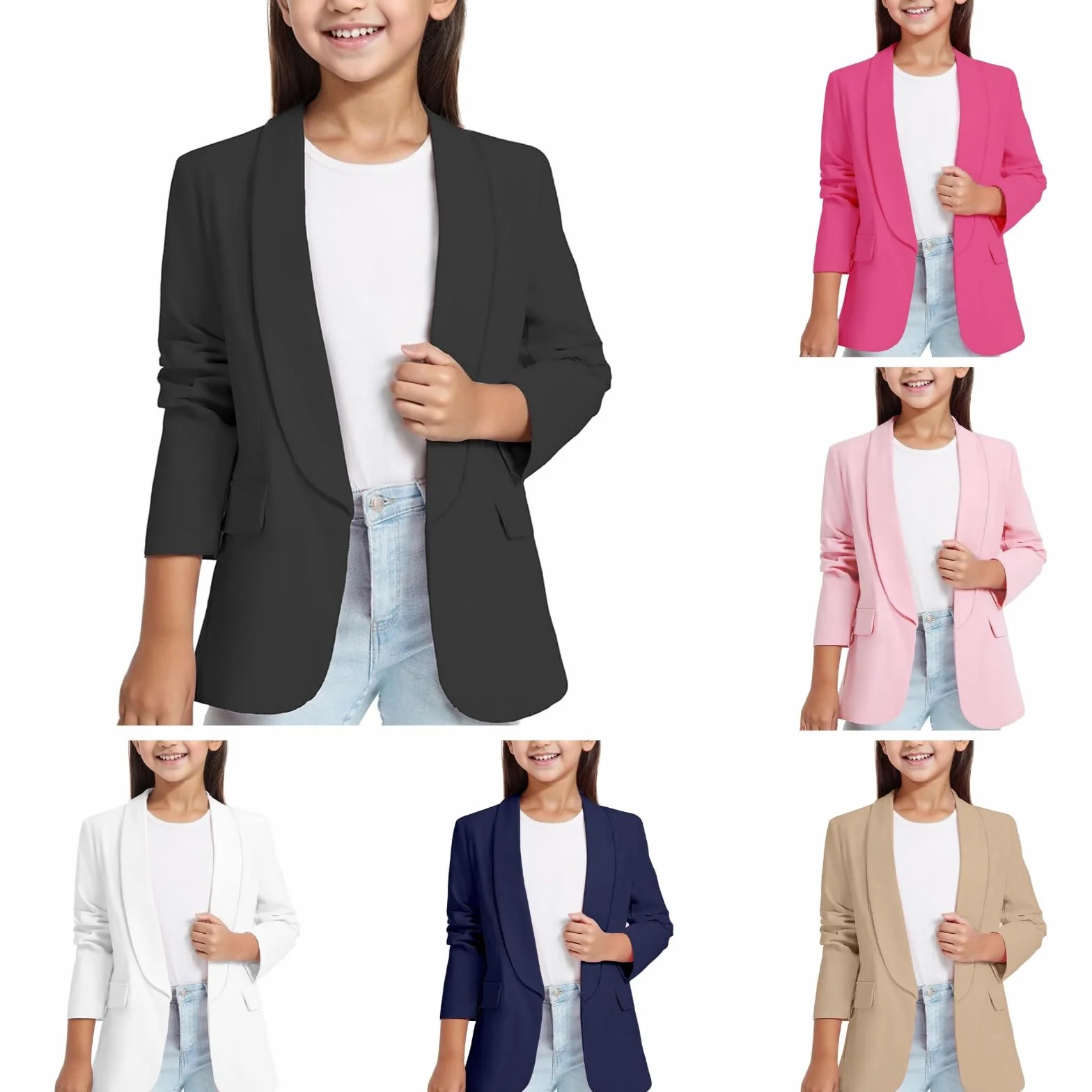 Blazer para niñas chaqueta de solapa color sólido frente abierto manga larga con botones casual fiesta negro escolar