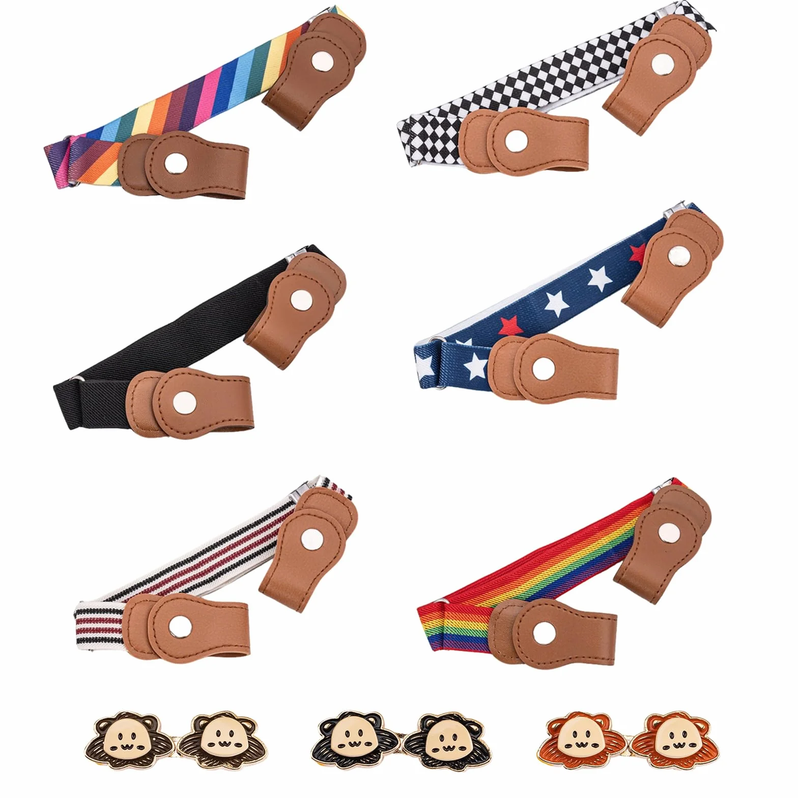 Cinturón de Niños Ajustable Elástico Sin Hebilla, 6 Colores + 3 Pares de Hebillas, 35-51 cm