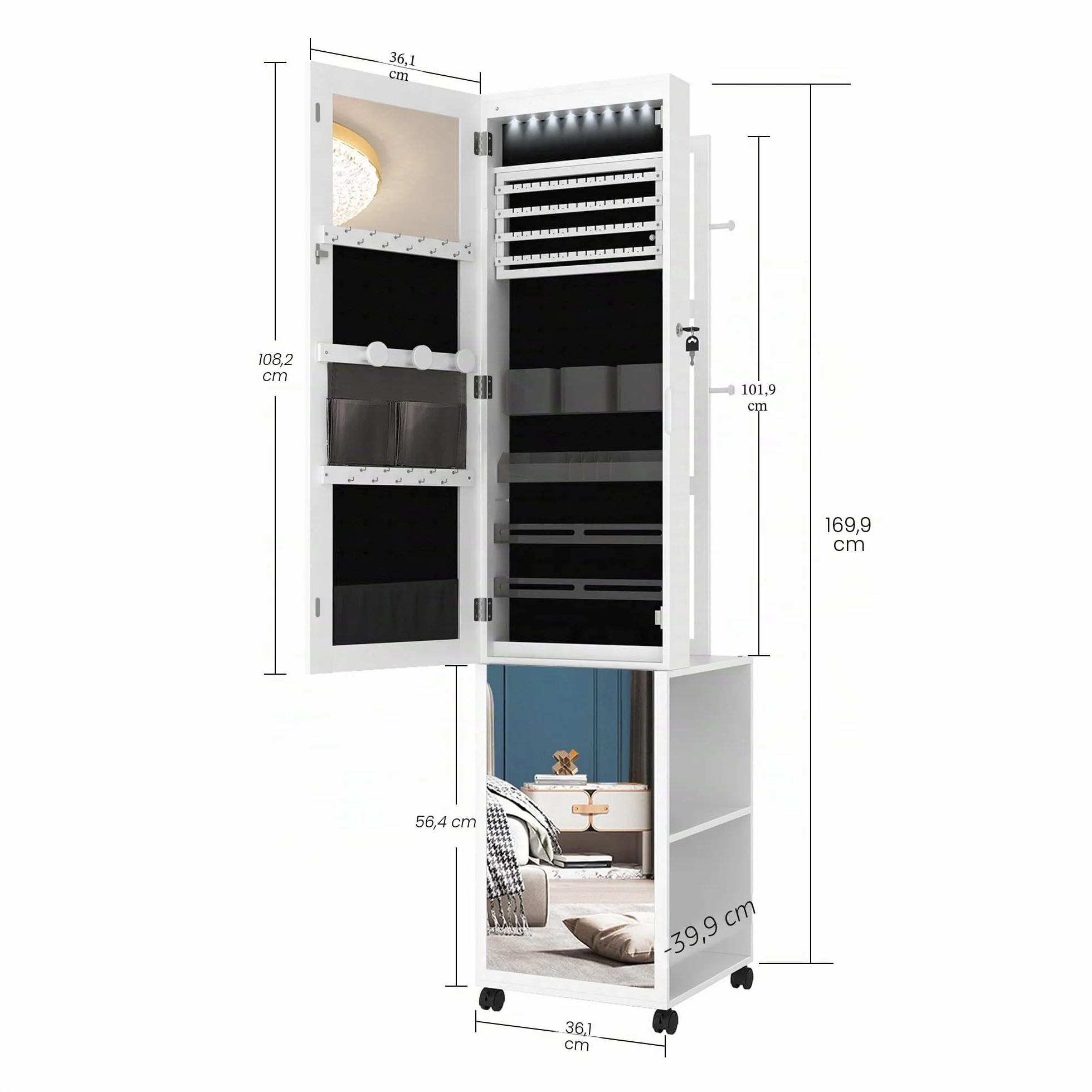 Armario Joyero 8 LEDs Organizador de Pie con Espejo Cuerpo Entero Cerradura 4 Ruedas 3 Niveles Blanco y Negro