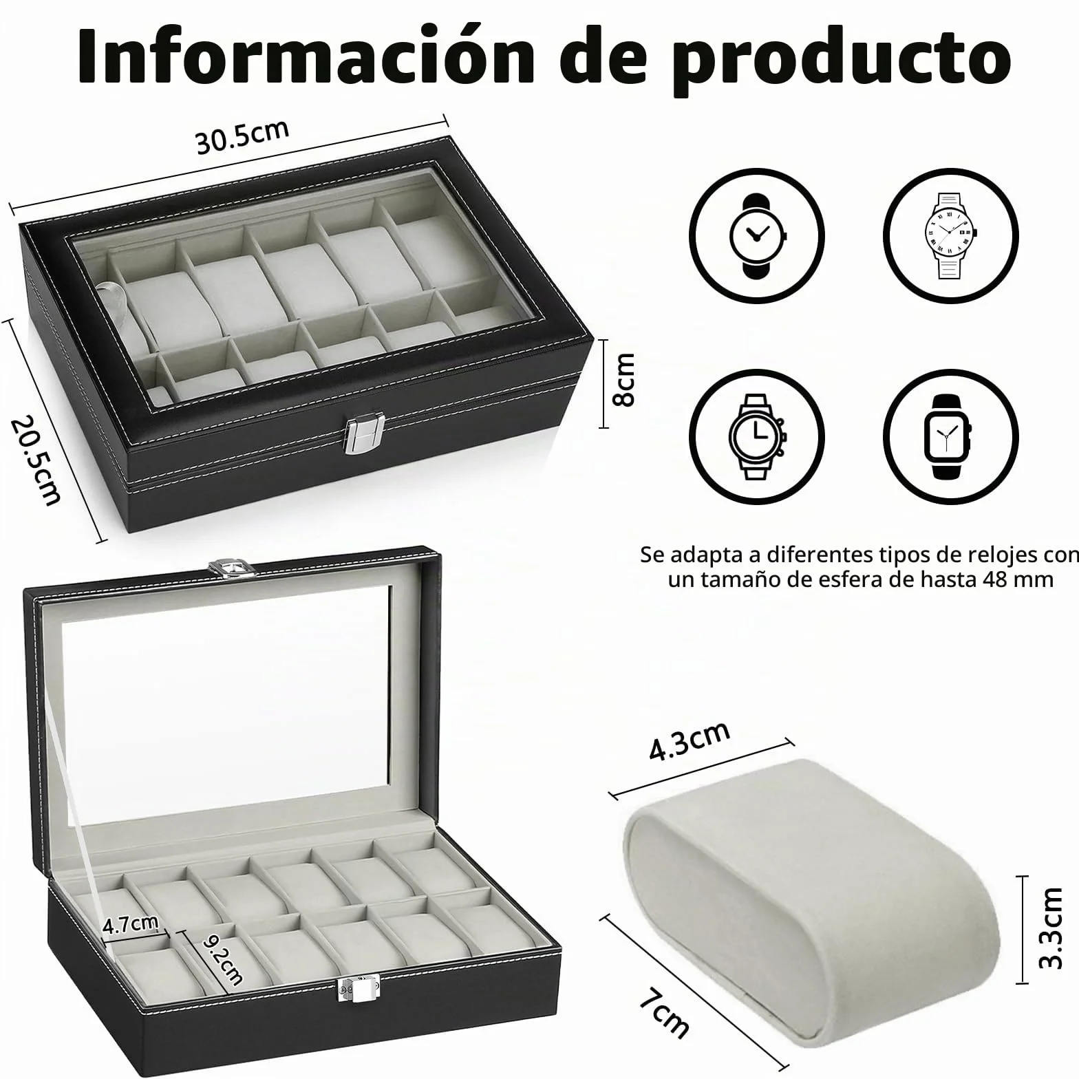 Caja para Relojes con 12 Compartimentos, Cristal y Cojín Extraíble