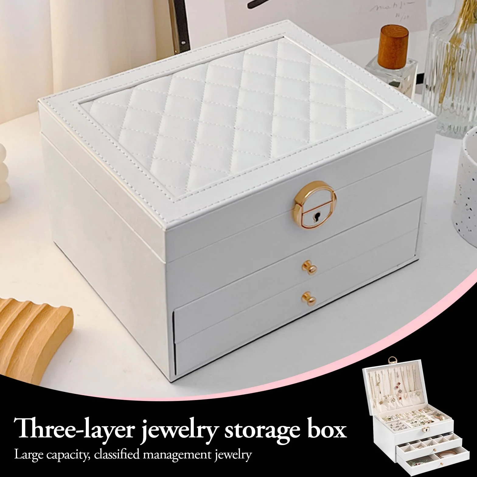 Joyero de 3 Niveles Organizador de Joyas Cuero PU Grande para Viaje Mujer Niña Blanco