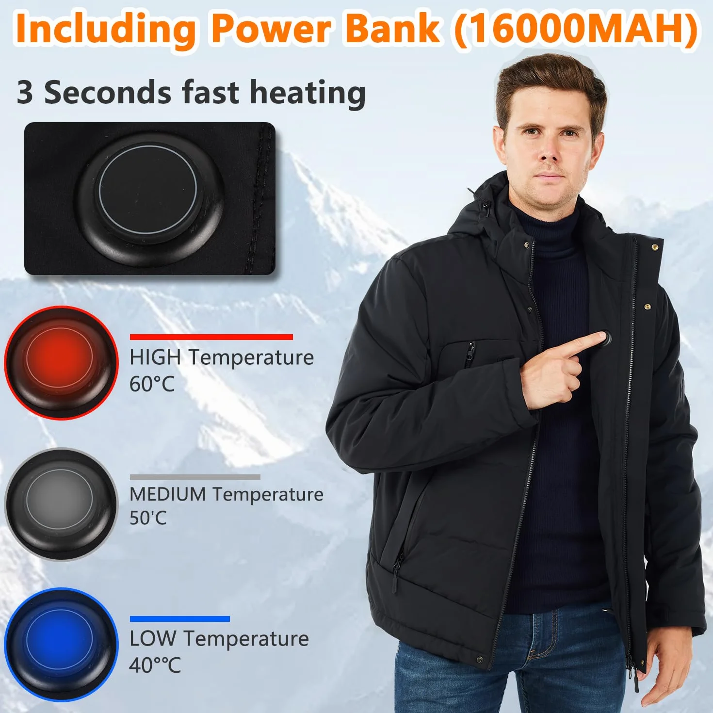 Chaqueta Calefactable Impermeable con Capucha para Hombre y Mujer Esquí Motocicleta S Negro