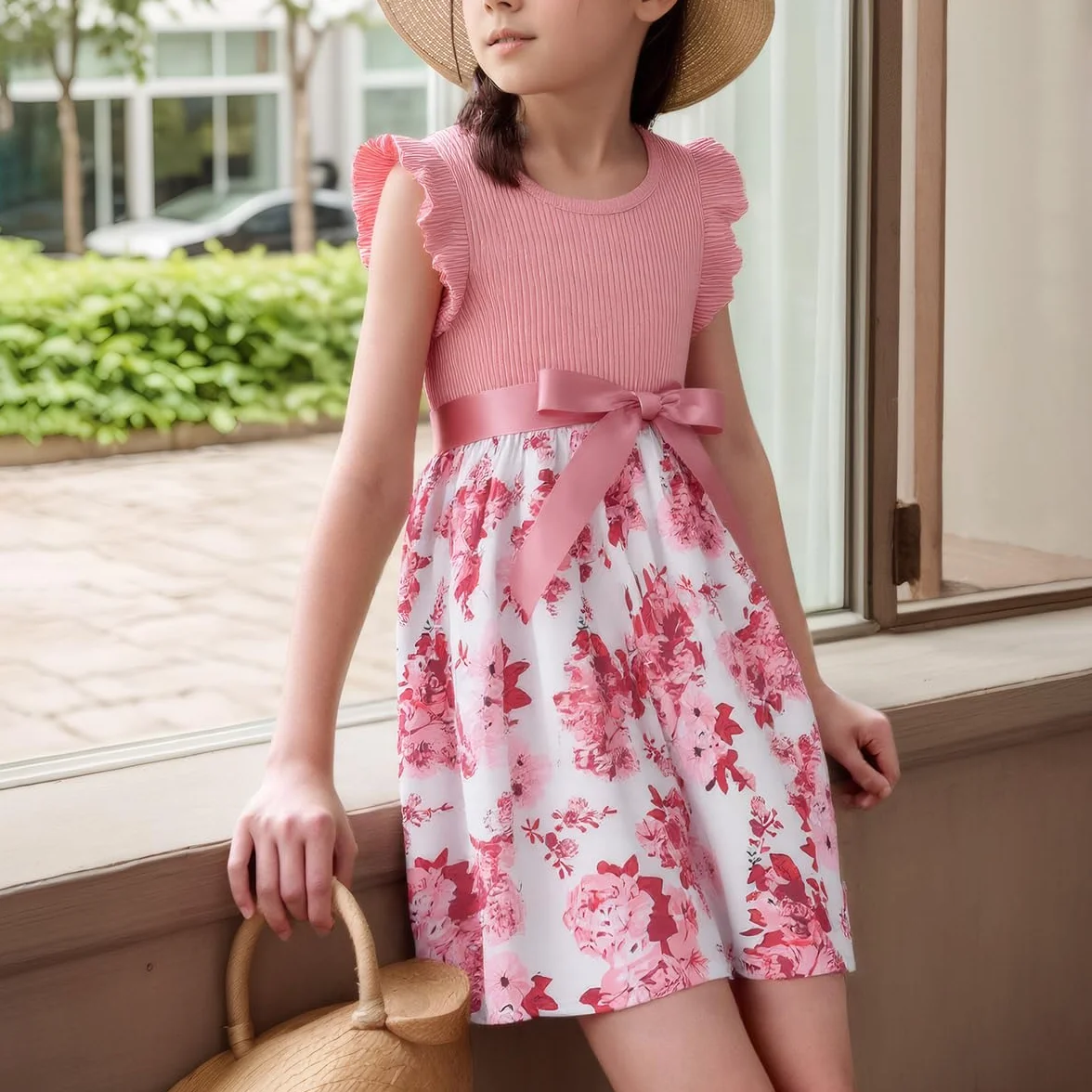 Vestido Princesa Niña Moño Flor Mangas Cortas Patrón Mariposa Fiesta Verano 4-8 años