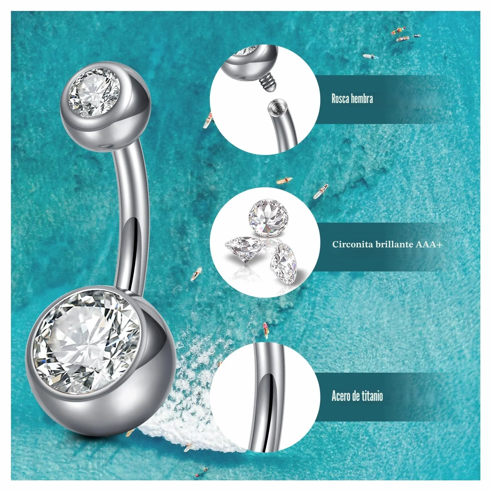 AceFun Piercing ombligo Titanio oro plata 6mm-14mm Acero quirurgico 14G Barbell G23
