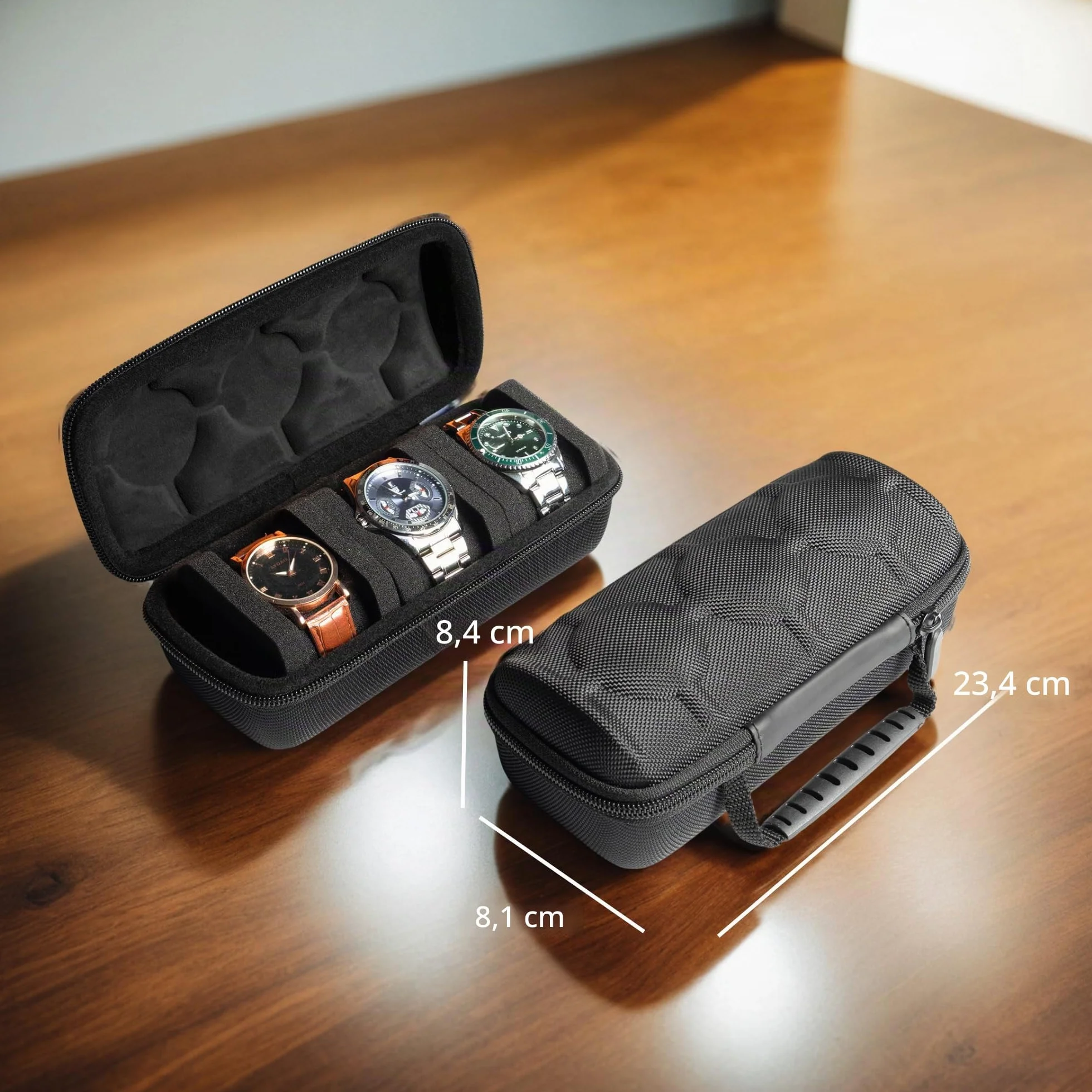 Estuche rígido de viaje para reloj de 3 ranuras, organizador con almohada antimovimiento, negro