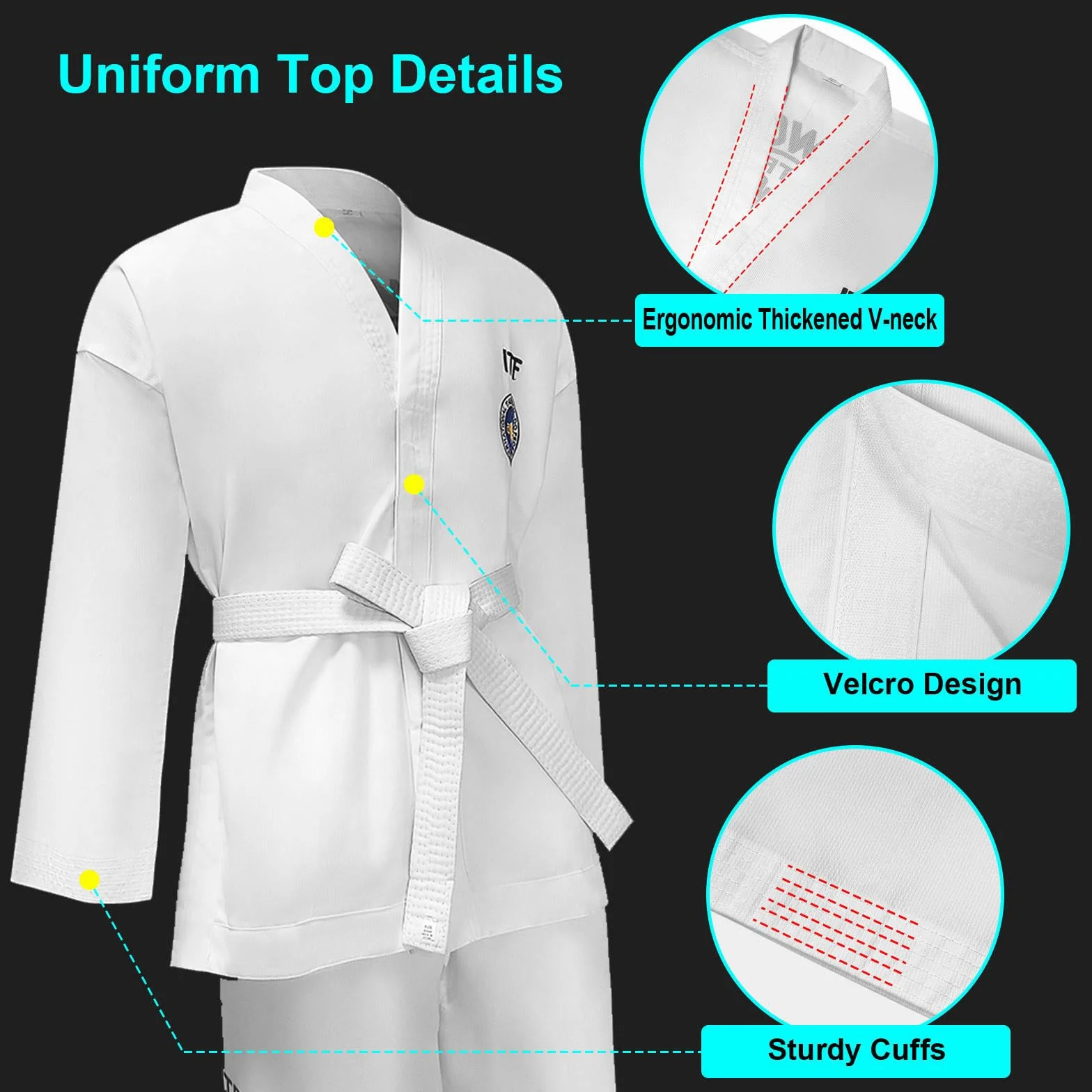Kimono de Taekwondo ITF para Niños y Adultos, Karate Kimono con Cinturilla, Jiu Jitsu Ligeros Polialgodón, Entrenamiento Sparring Negro-180