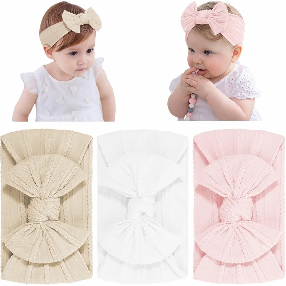 DiULi Diademas Bebé Niña 3 Colores Elástica Cintas Pelo Nylon Lactante Niño Pequeño Anchas Hairband Lazo Tela Conjunto 3pcs