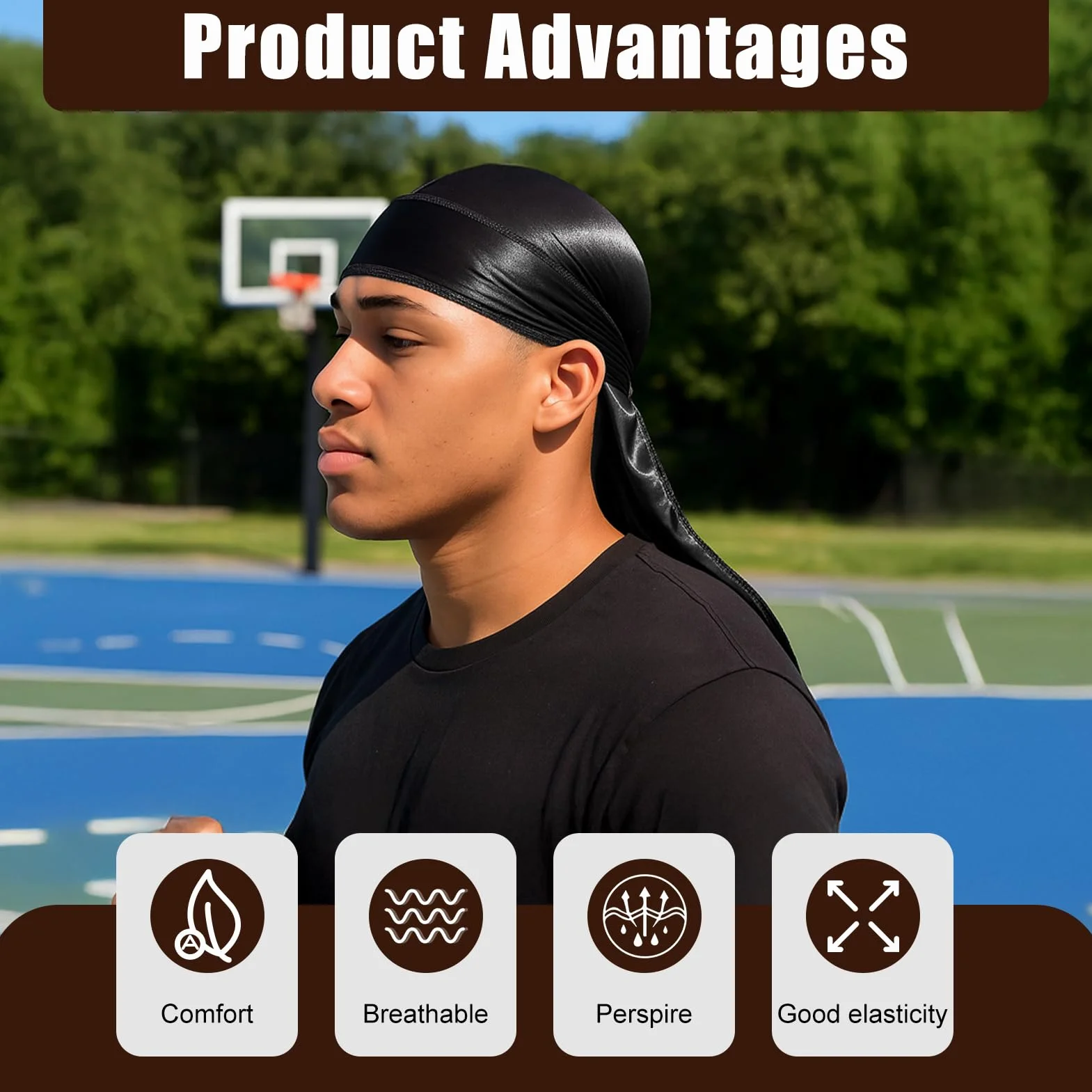 Durag De Seda Gorro De Onda Elástico Bandana Transpirable Secado Rápido Negro