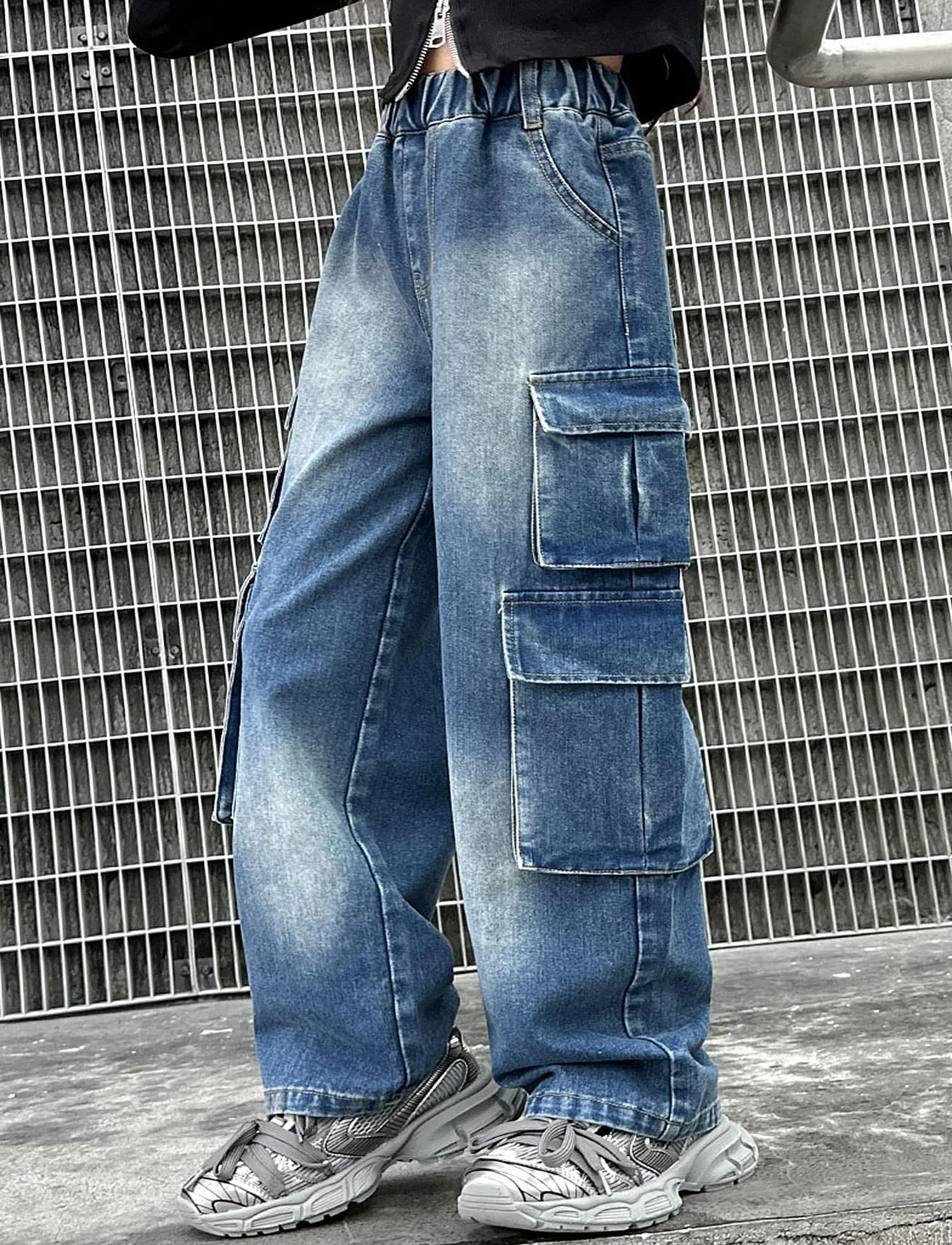 SEAUR Girls Baggy Denim Cargo Jogging Pants with Pockets
