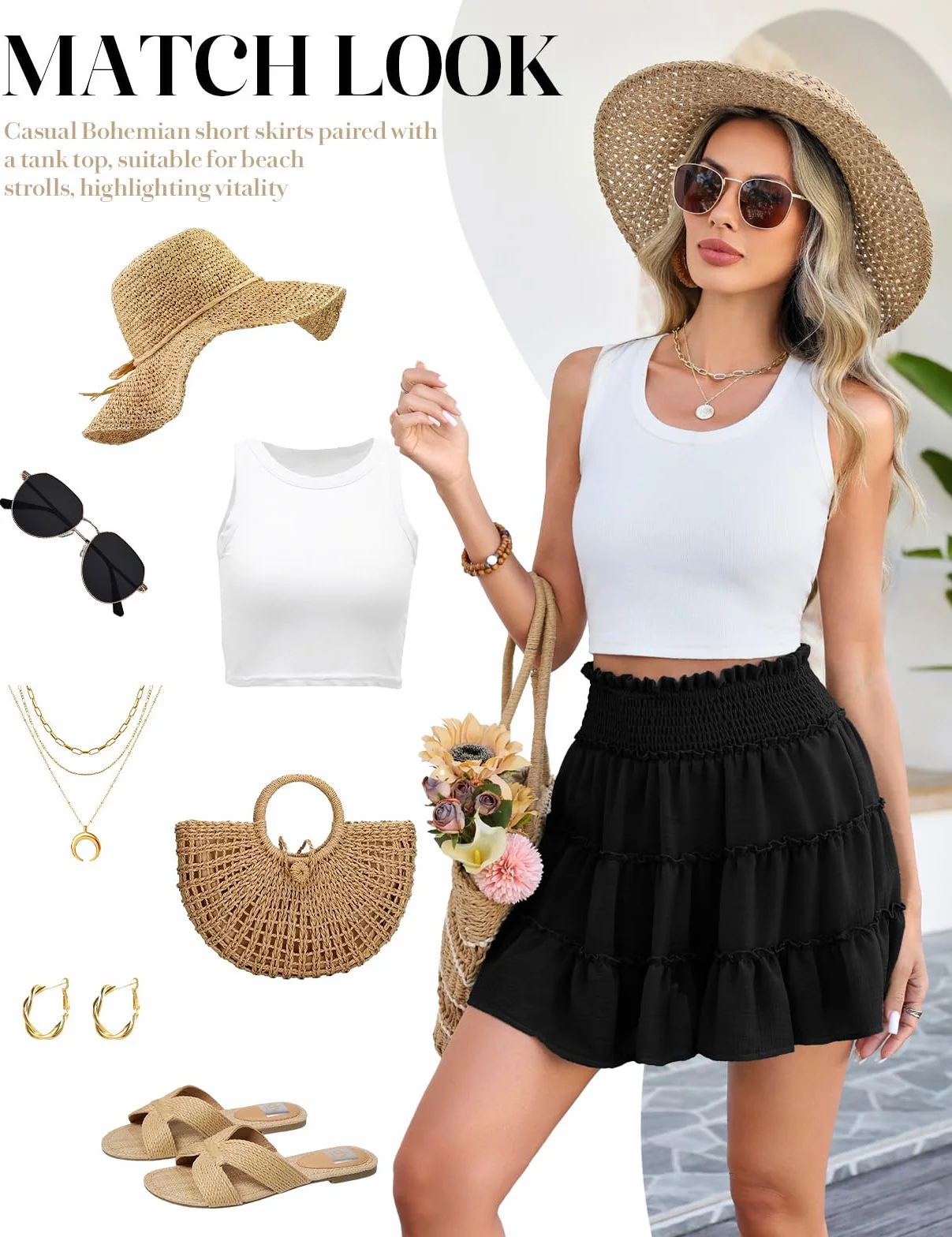 Faldas Mujer Verano Mini Cintura Alta Elástica Corta Falda de Playa con Short Forro