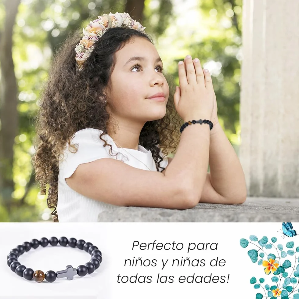 Pulsera Cruz Comunión Niño Piedras Naturales Ajustable Primera Comunión