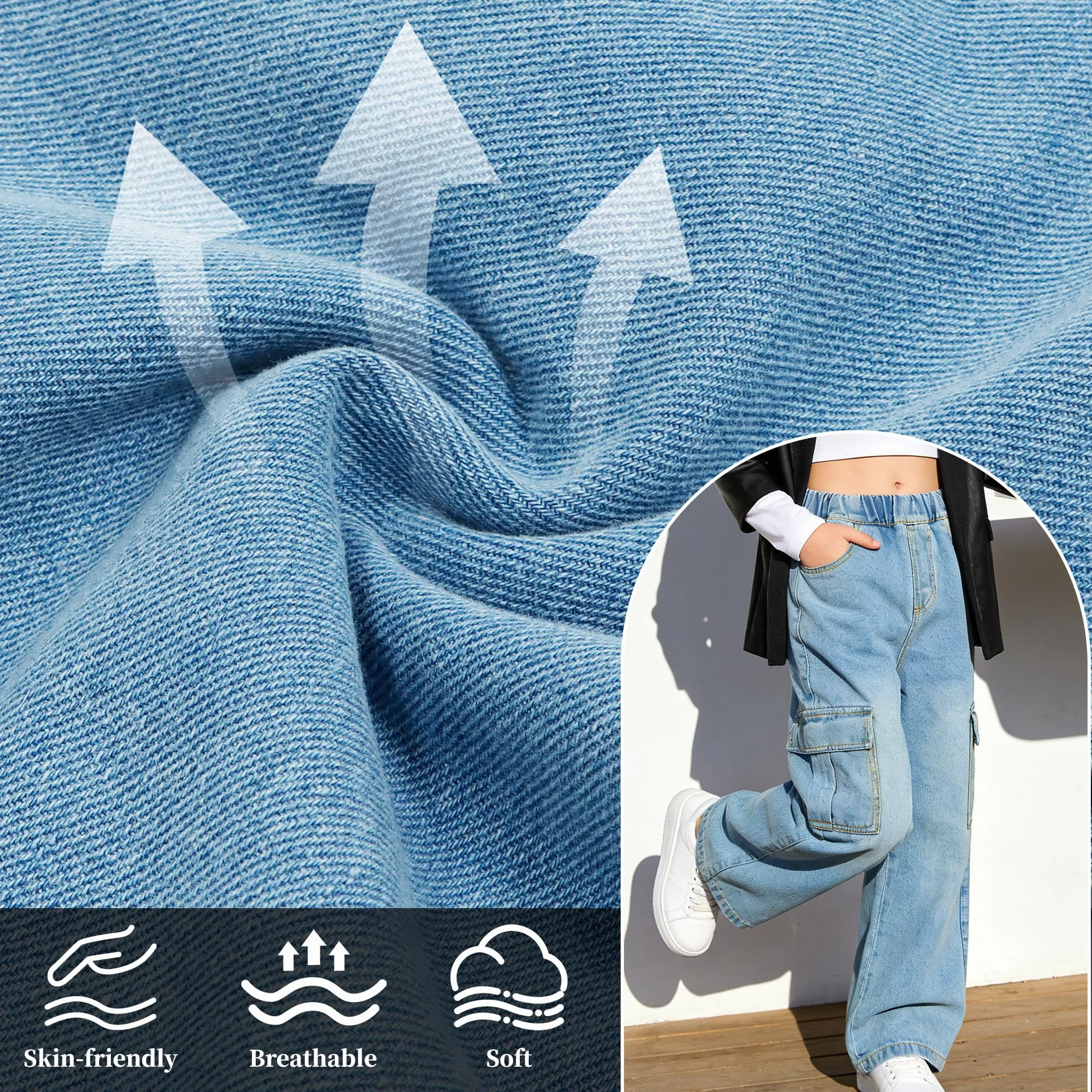 Vaqueros Cargo para Niña Baggy Cintura Elásticos Denim Jeans Pierna Anchos Pantalones Largo Stretch Múltiples Bolsillos Casual Moda 7-15 Años