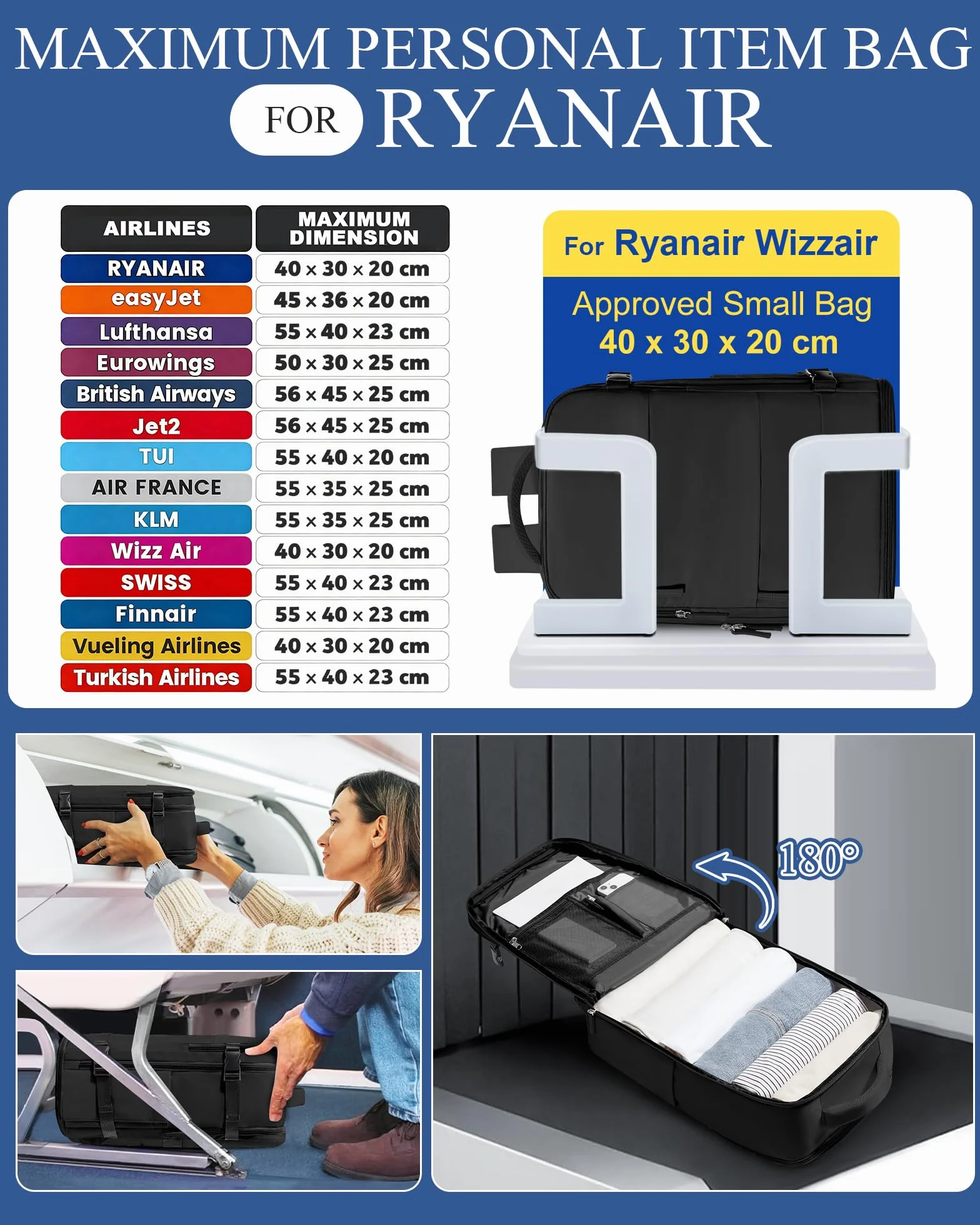 Mochila Viaje Cabina Avion 40x30x20 Mujer Ryanair Equipaje de Mano Vueling Wizzair Easyjet Portatil 14 pulgadas Hombre