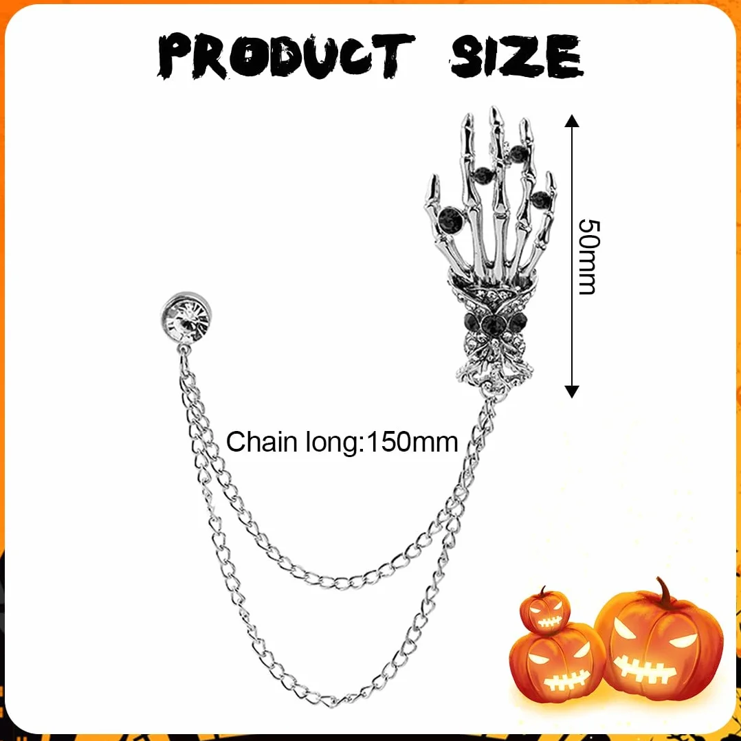 Broche de cadena, alfiler de cuello, broche con forma de mano de esqueleto, broche de Halloween para mujeres y hombres, para traje de negocios, esmoquin, camisa, corbata, sombrero y bufanda