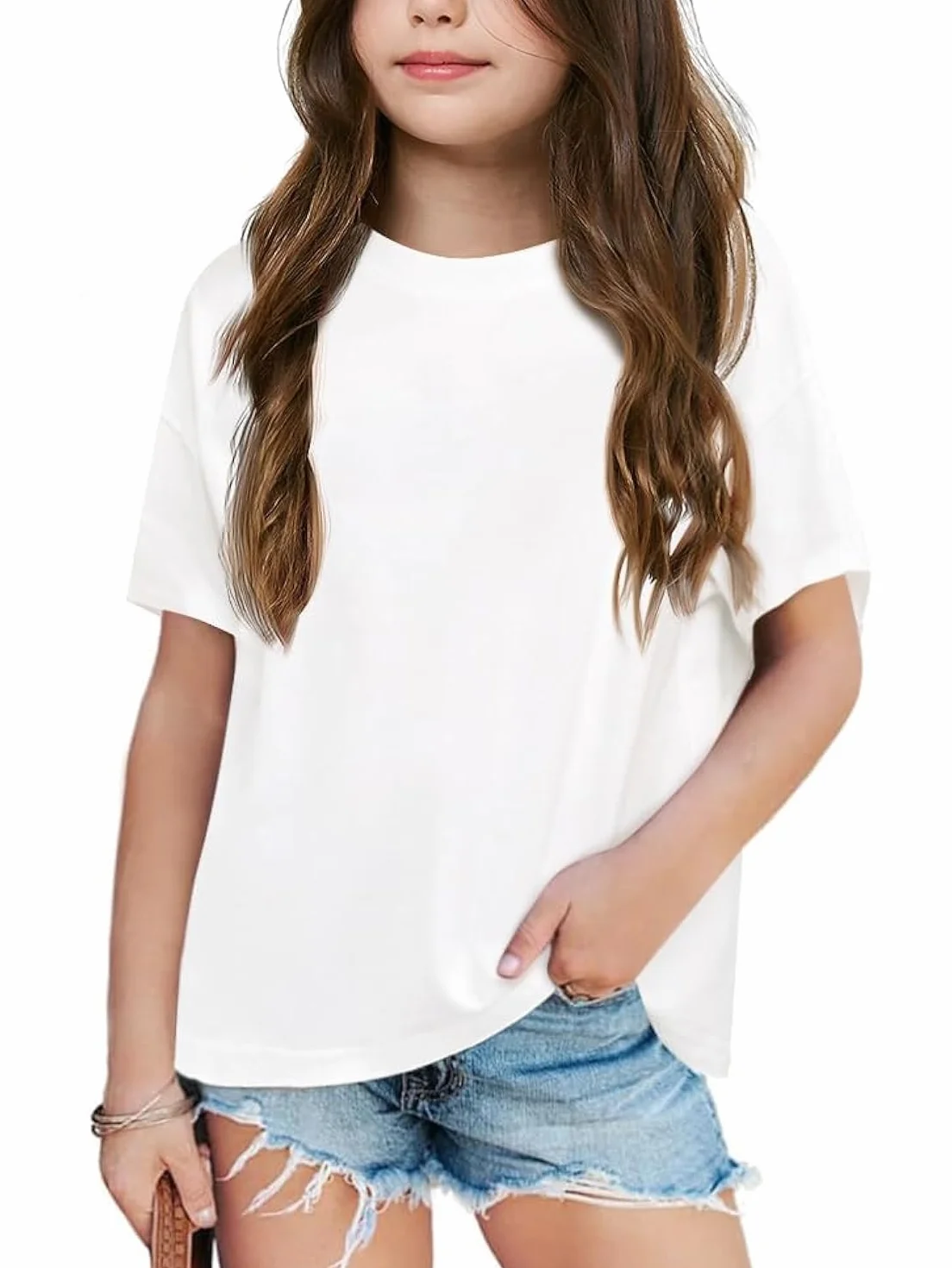 Haloumoning Camiseta de manga corta para niñas de algodón holgada cuello redondo