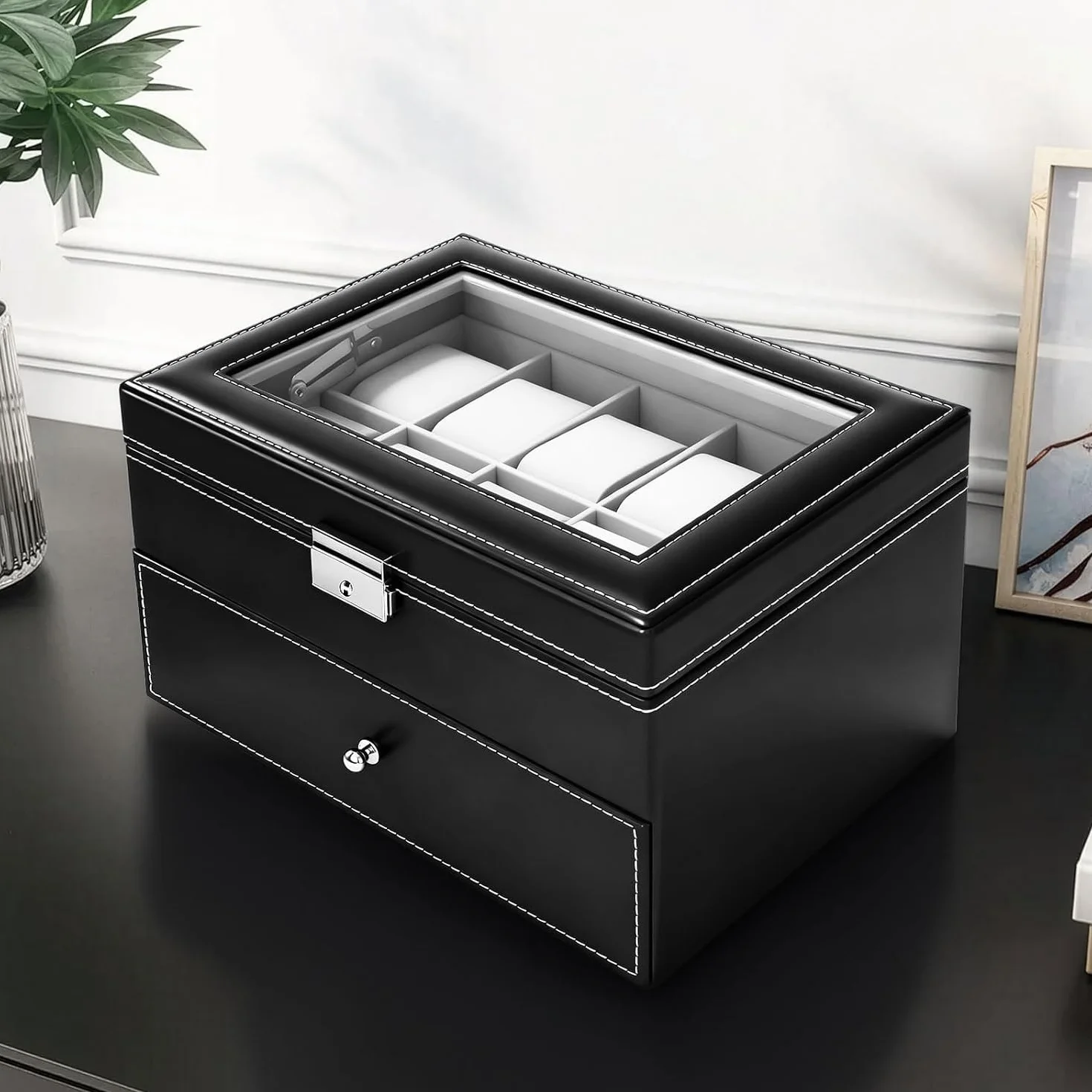 Caja de Relojes con Dos Capas, Estuche Relojero Organizador, Tapa de Cristal, PU Negro