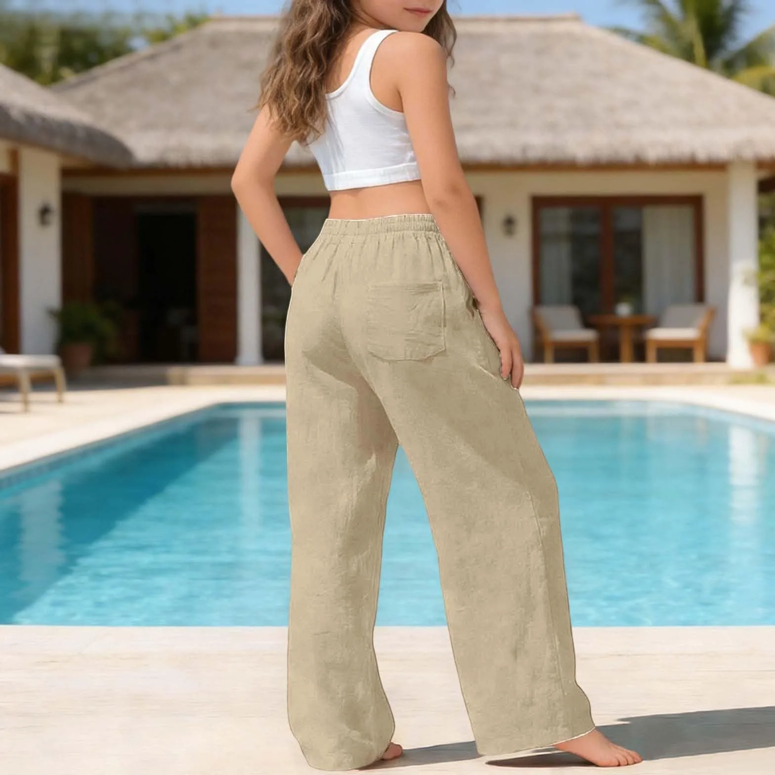 Pantalones Palazzo Largos Anchos de Lino Muselina para Niñas y Adolescentes