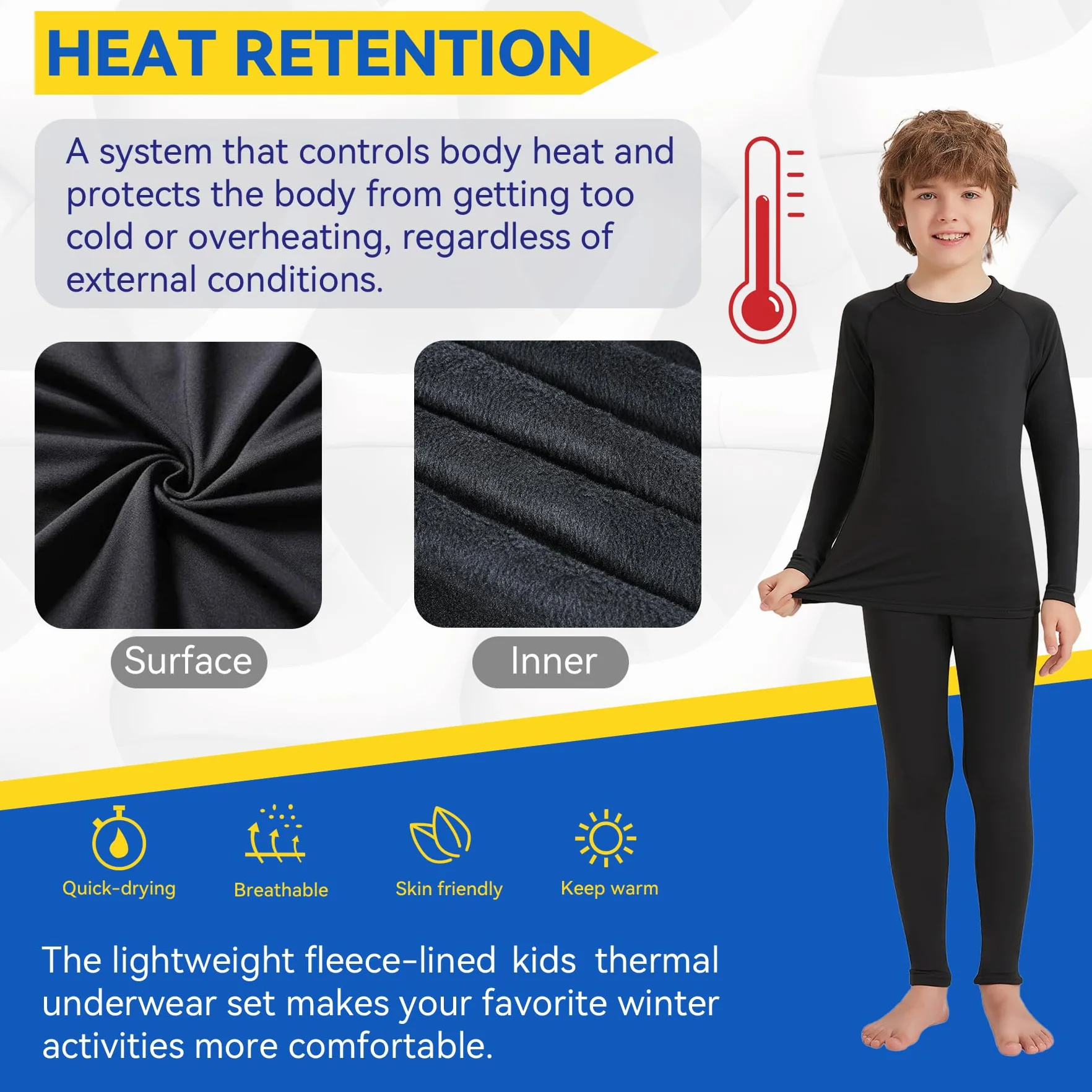 AMZSPORT Ropa Interior Térmica para Niño - Conjunto de Manga Larga, Capa Base para Invierno