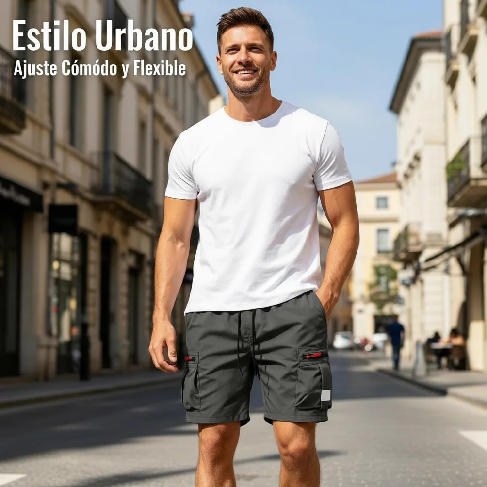 Pantalones Cortos Cargo Hombre Elástico Múltiples Bolsillos S-3XL
