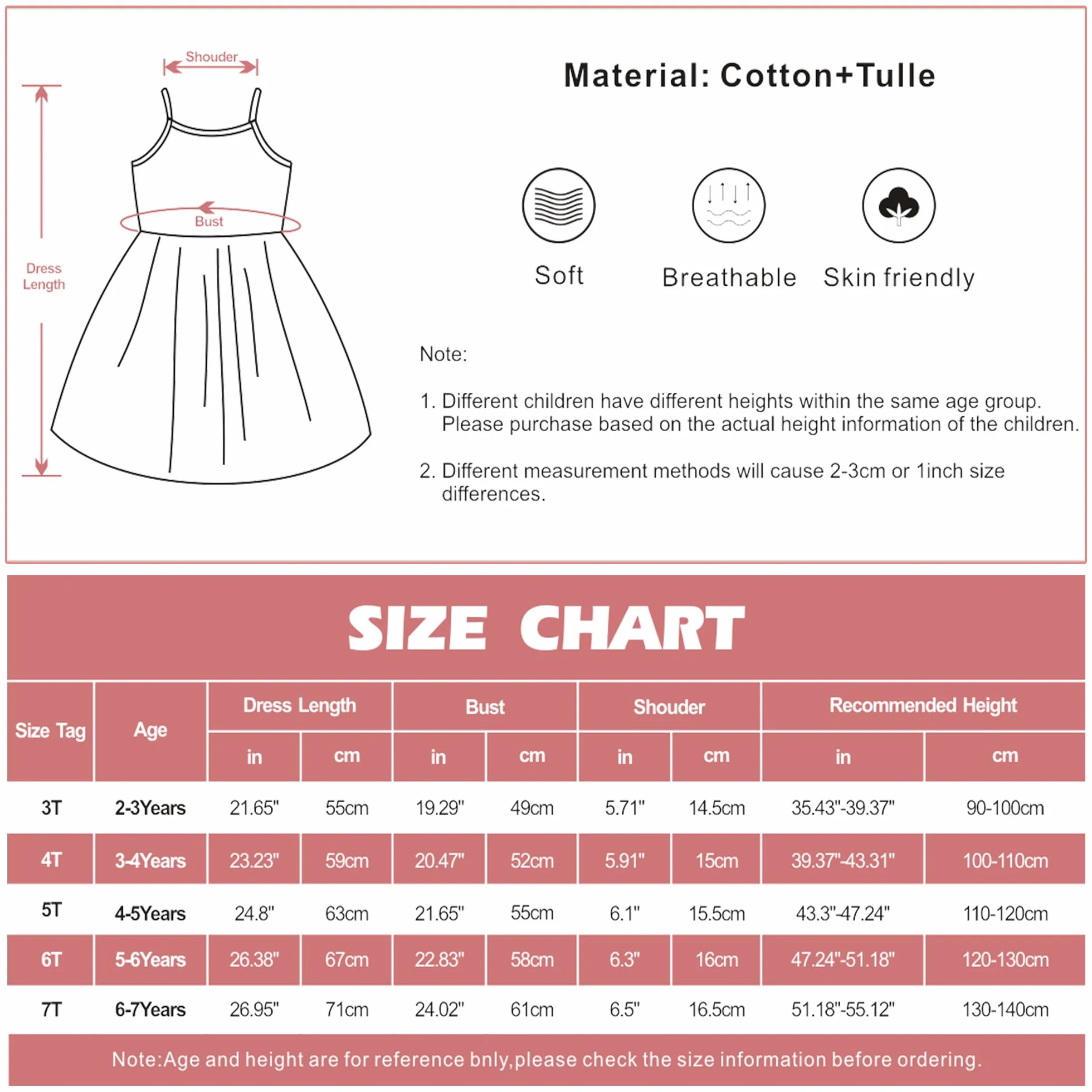 Vestido Tul para Niña Sin Mangas Algodón Verano Vestidos Tirantes A-Line Tutú Casual Elegante Ropa Princesa Fiesta Ceremonia 2-7 Años Negro/Rosa