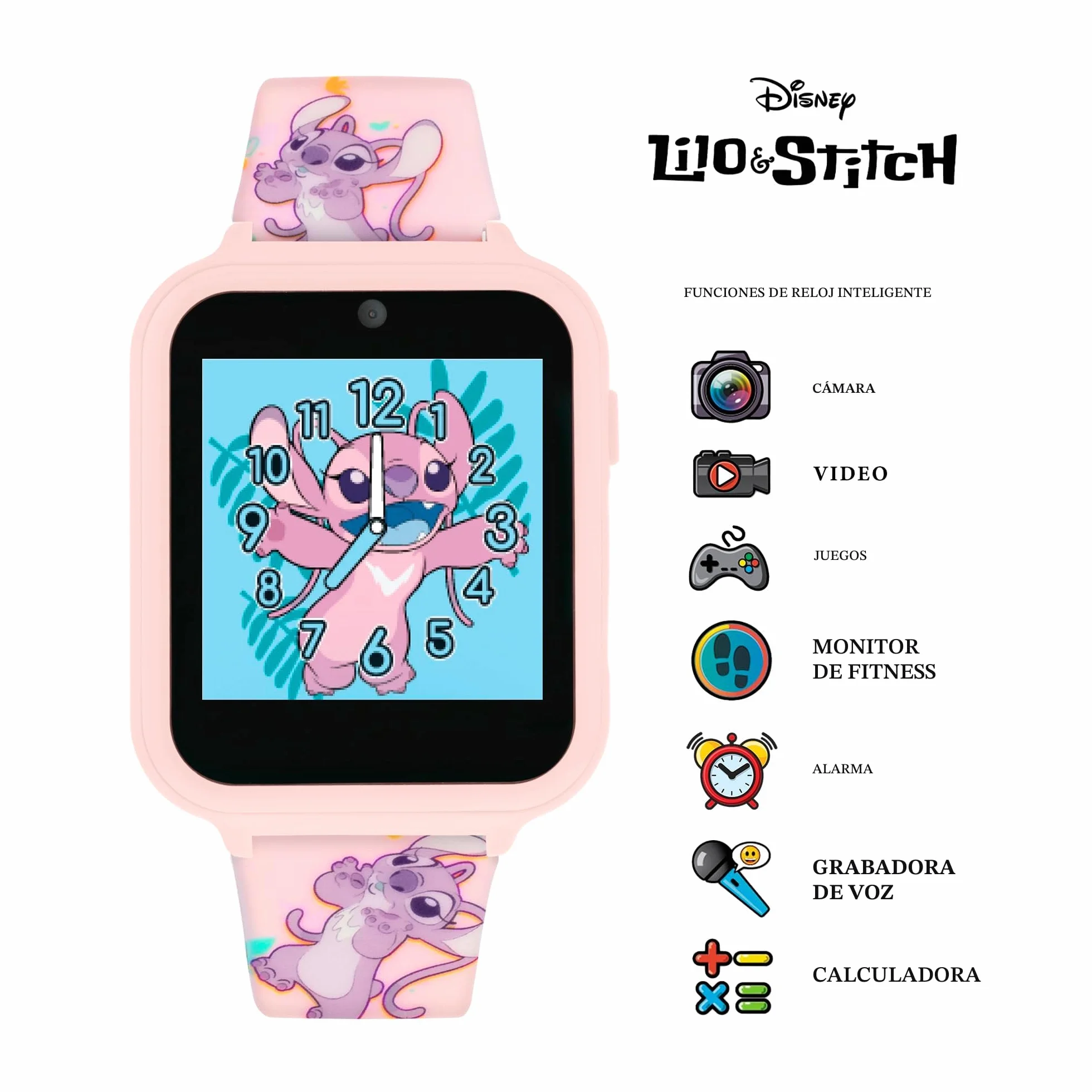 Disney Kids Lilo & Stitch Angel Rosa Reloj inteligente digital con correa de silicona LAS4088