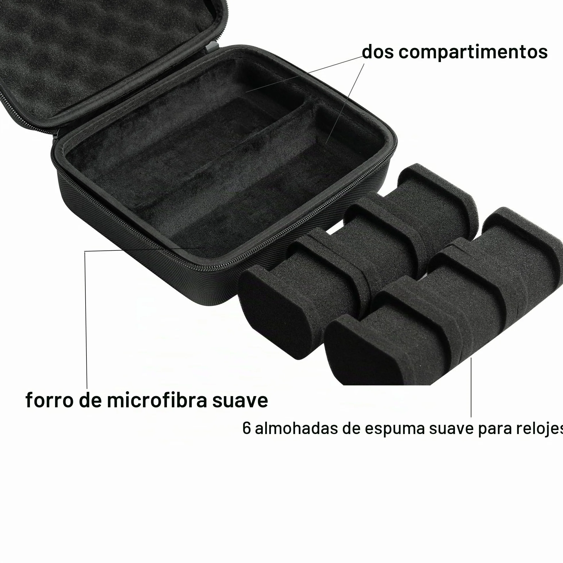 Estuche rígido para reloj 6 ranuras organizador de viaje caja dura negro 2 compartimentos