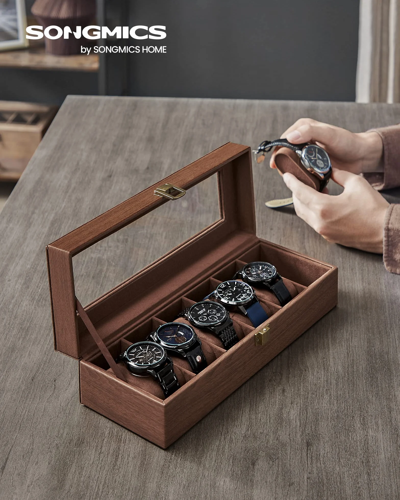 SONGMICS Caja de Relojes 6 Compartimentos, Estuche con Tapa de Cristal, Cuero Sintético Marrón JWB006K01