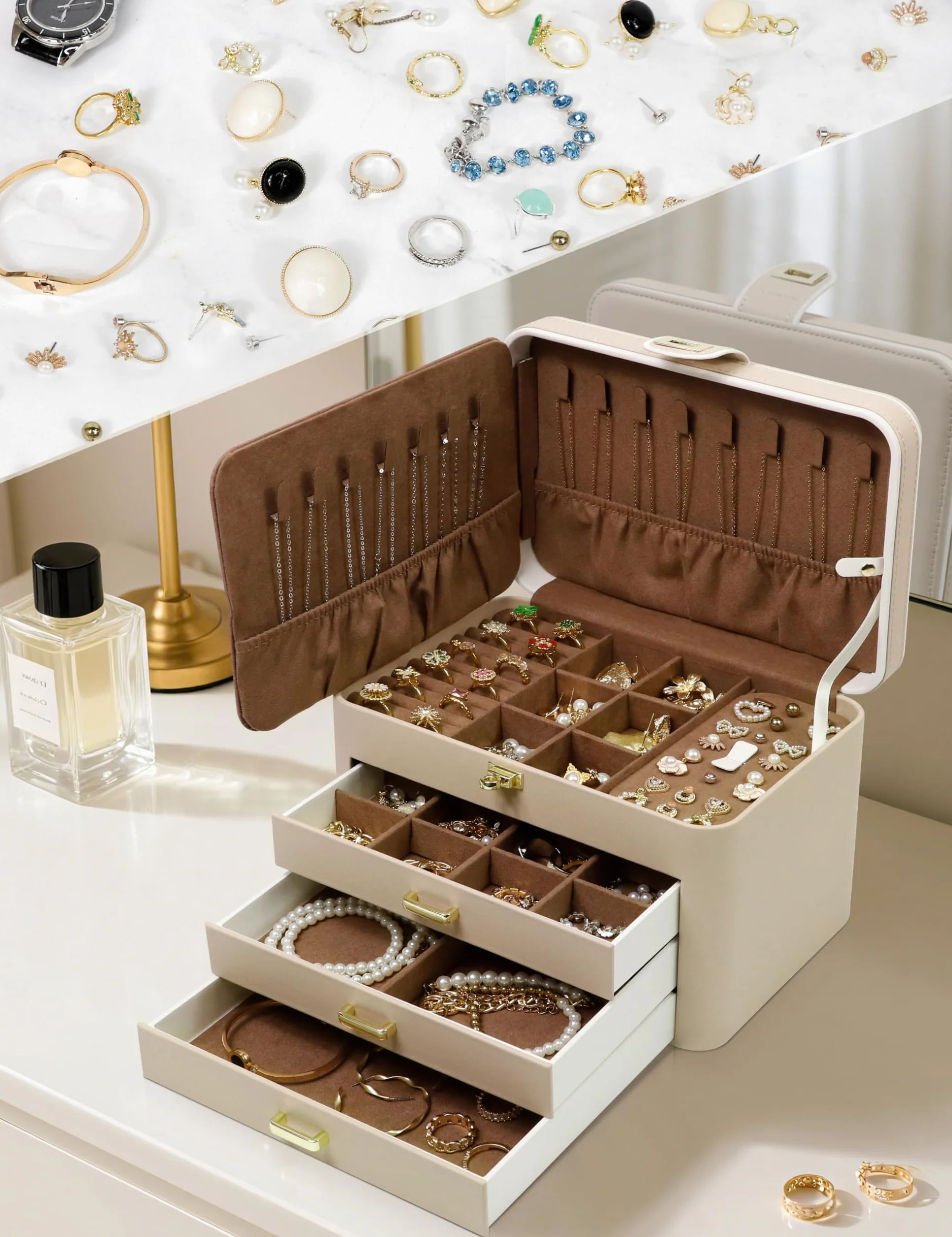 KAMIER Joyero Grande de 4 Niveles, Caja de Joyas con Espejo, Cajones y Cerradura, Piel Sintética, Beige